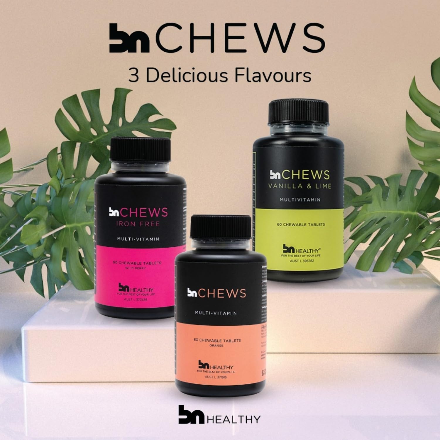 BNHealthy Chews Multivitamínico Bariátrico con Hierro - Masticable Diario con B12, D3, Folato y Zinc, Sabor Frambuesa, para Adultos Post-Cirugía, 60 Unidades