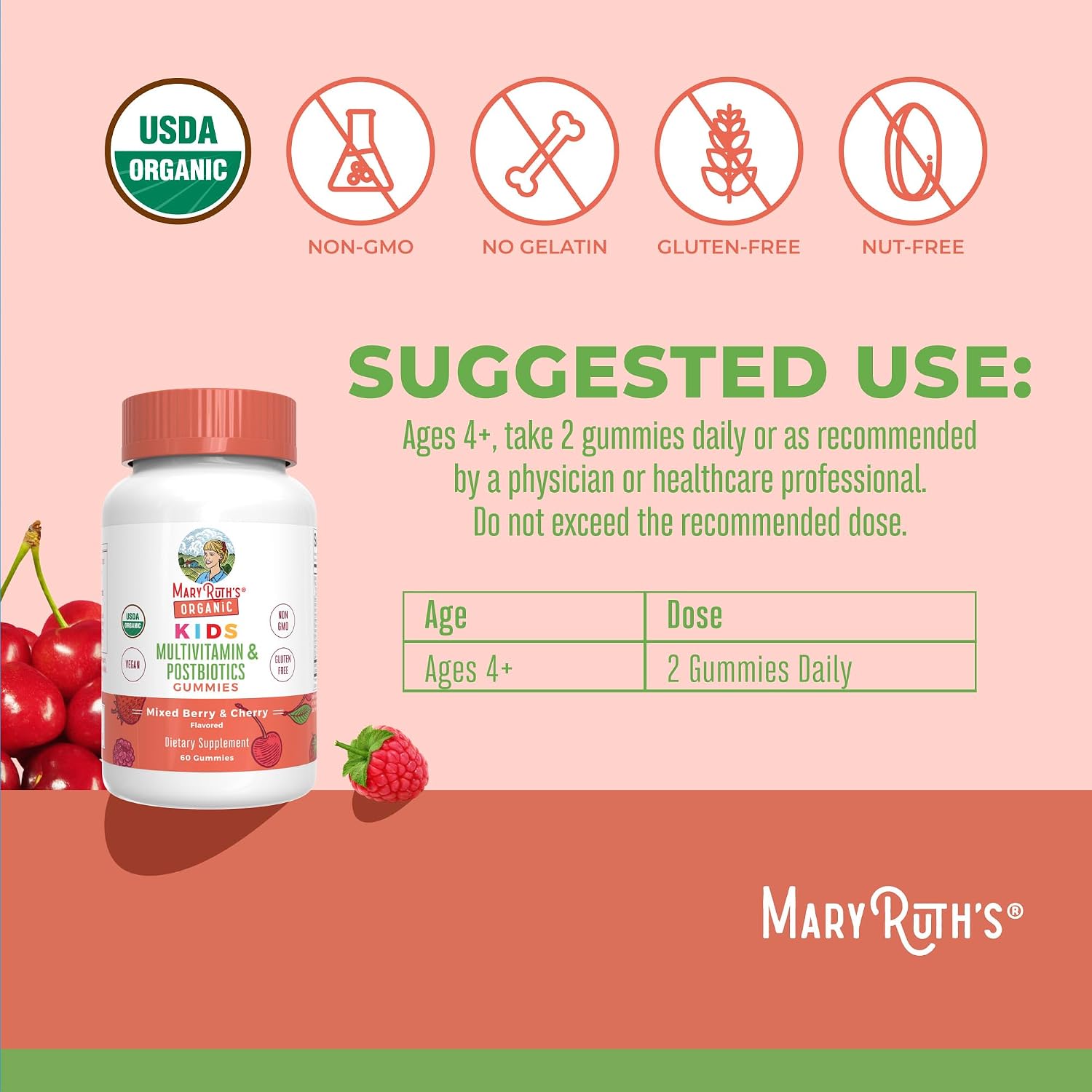 MARYRUTH'S Gomitas Multivitamínicas Orgánicas con Postbióticos para Niños a partir de 4 años, 60 unidades