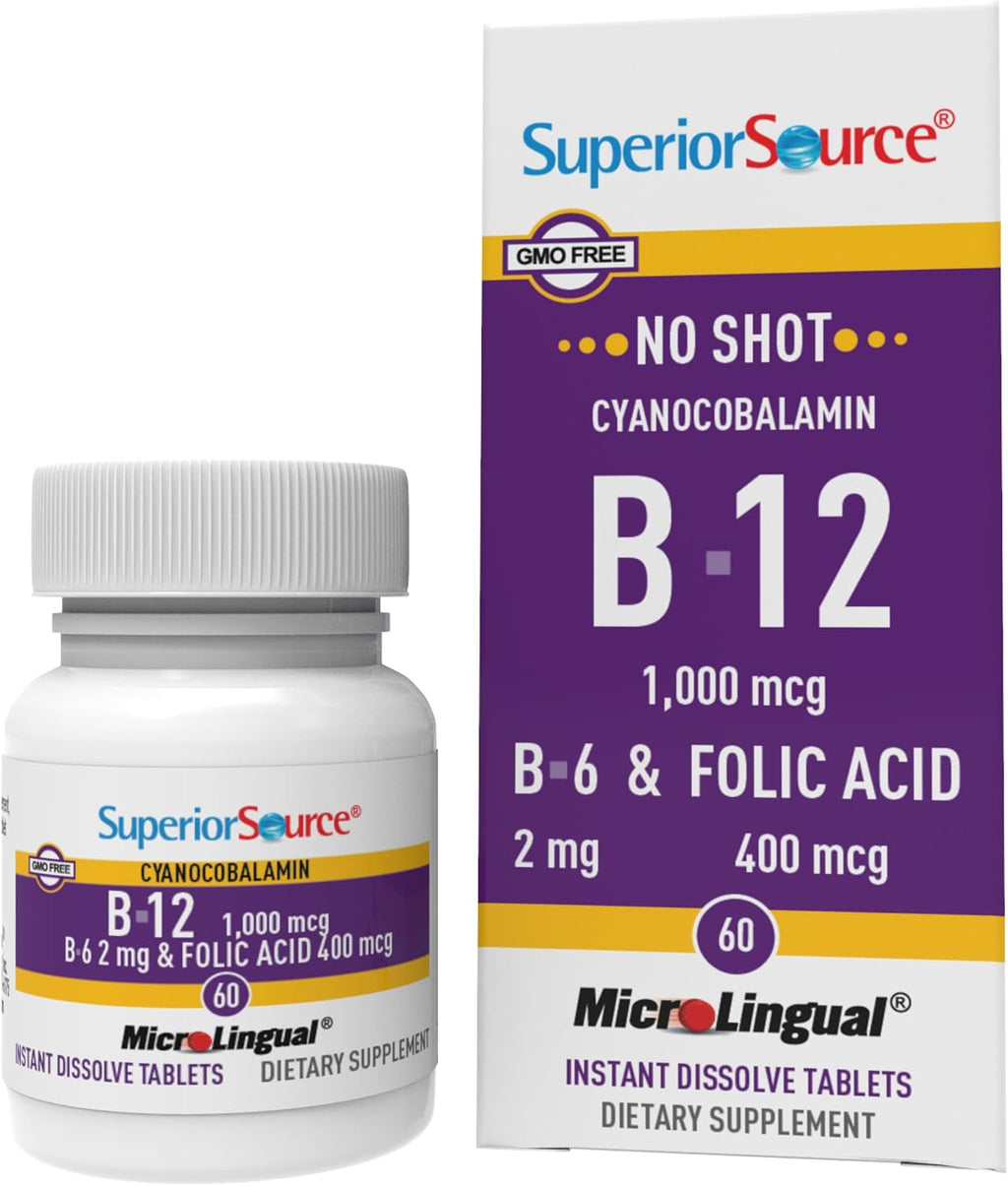 Superior Source No Shot Vitamina B12 (1000 mcg), B6 y Ácido Fólico - 100 Comprimidos Sublinguales
