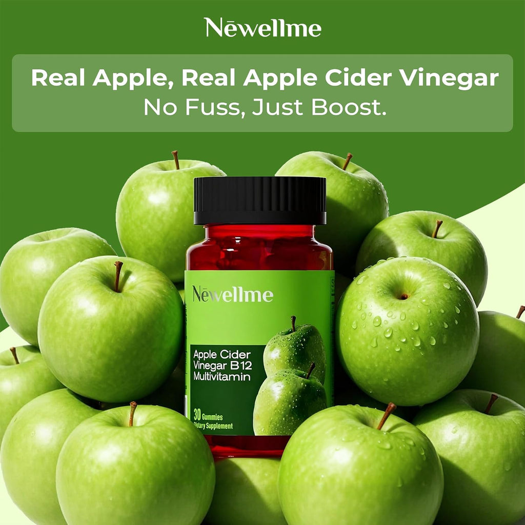 NEWELLME Gominolas de Vinagre de Manzana con la Madre y Vitamina B12 - Sin Azúcar, Veganas, 30 unidades