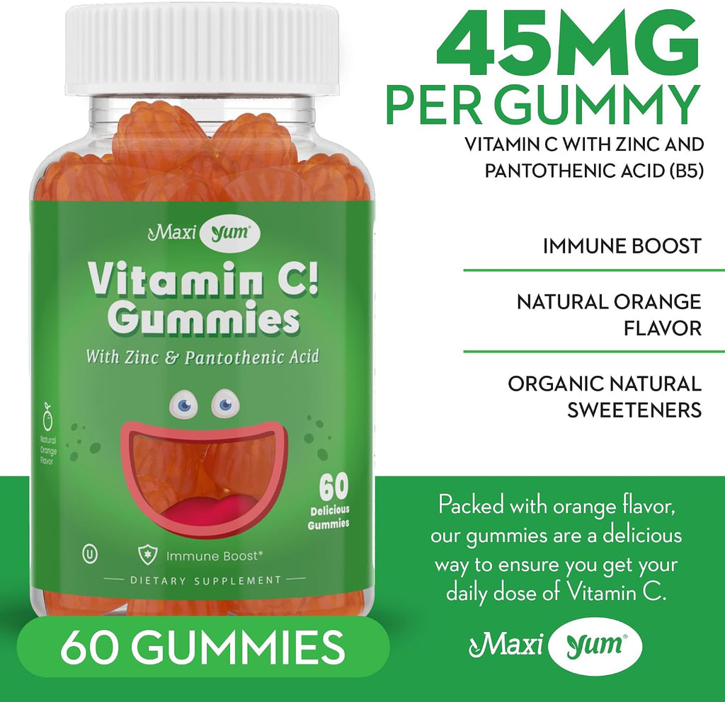 Maxi Health Gominolas de Vitamina C con Zinc - Apoyo Inmunitario - Sin Sabores Artificiales ni Conservantes - 60 Gominolas