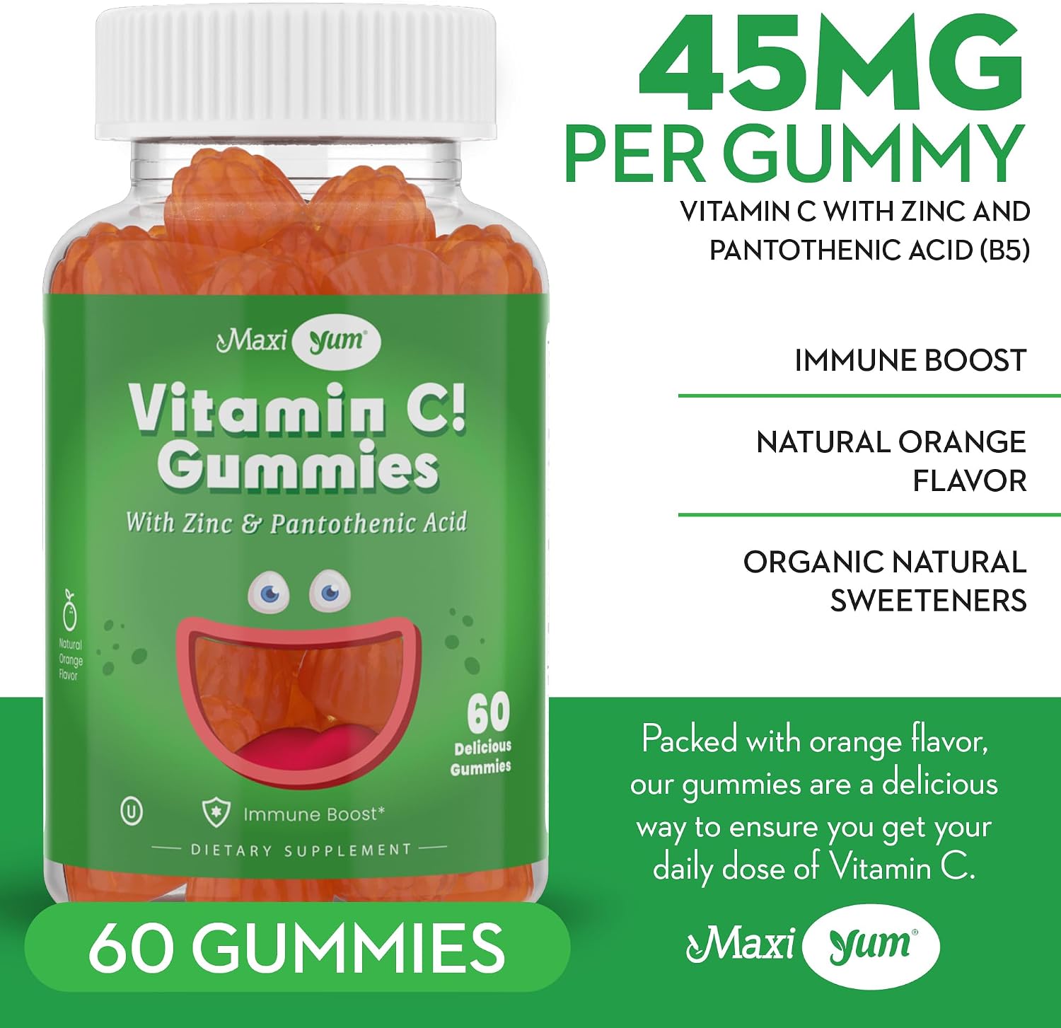 Maxi Health Gominolas de Vitamina C con Zinc - Apoyo Inmunitario - Sin Sabores Artificiales ni Conservantes - 60 Gominolas