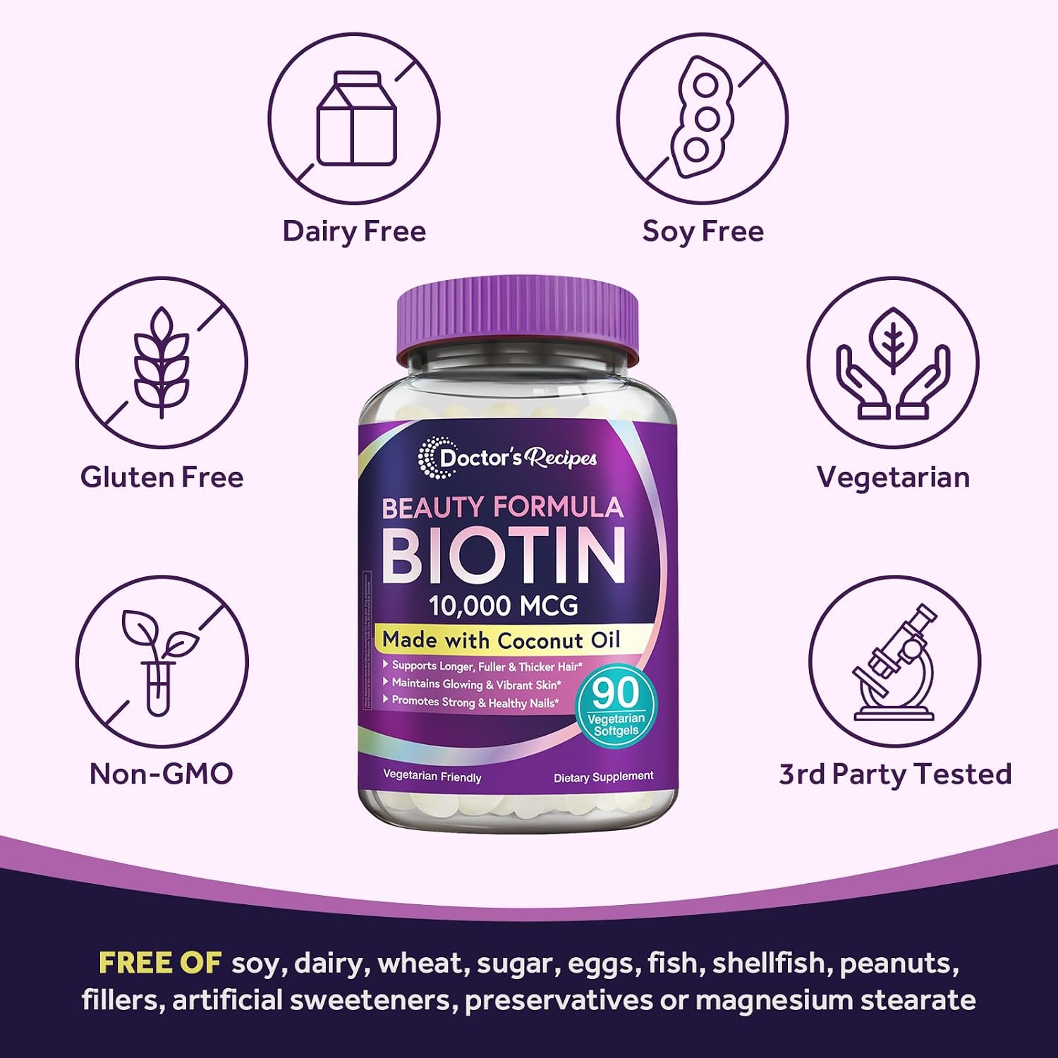Doctor's Recipes Biotin 10,000 mcg con Aceite de Coco - Suplemento Vegetariano para Metabolismo Energético y Mantenimiento del Cabello (90 Softgels)
