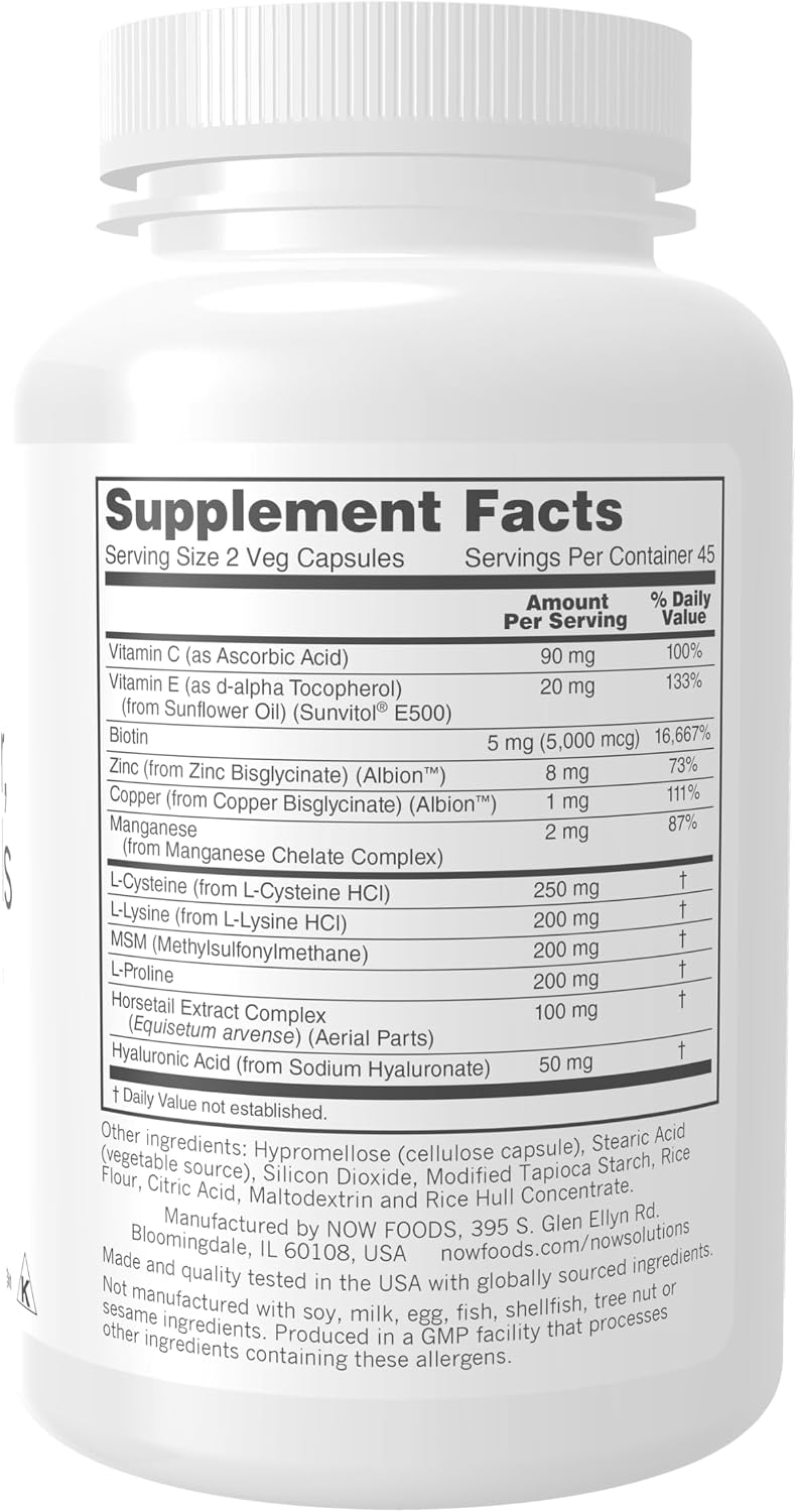 NOW Foods Solutions, Vegan Hair, Skin & Nails - 5000 mcg Biotina, 90 Cápsulas Vegetales