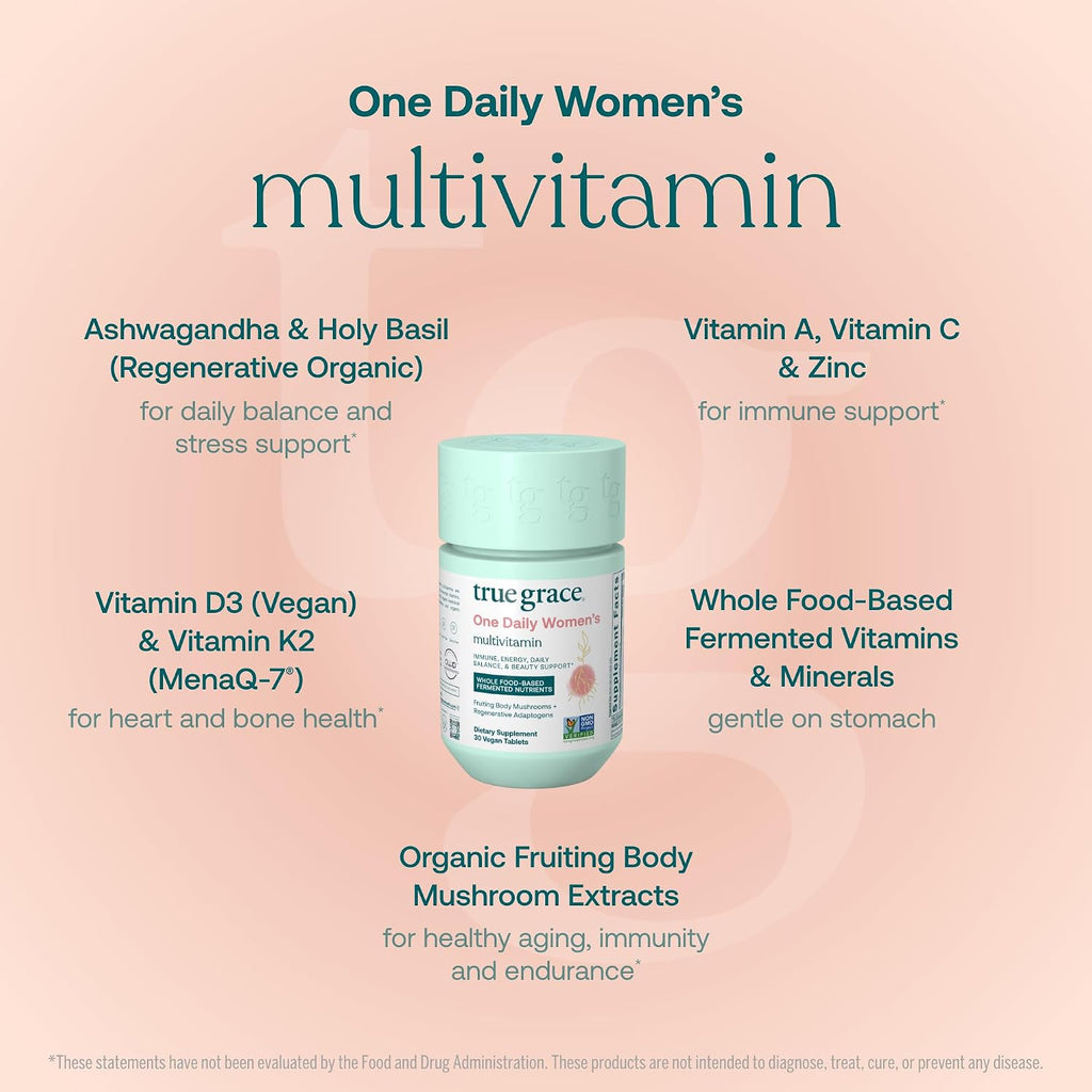 True Grace One Daily Multivitamínico para Mujeres con Minerales Fermentados, Adaptógenos Orgánicos y Hongos - Apoyo Completo para Cuerpo, Mente y Belleza - 30 Comprimidos Veganos