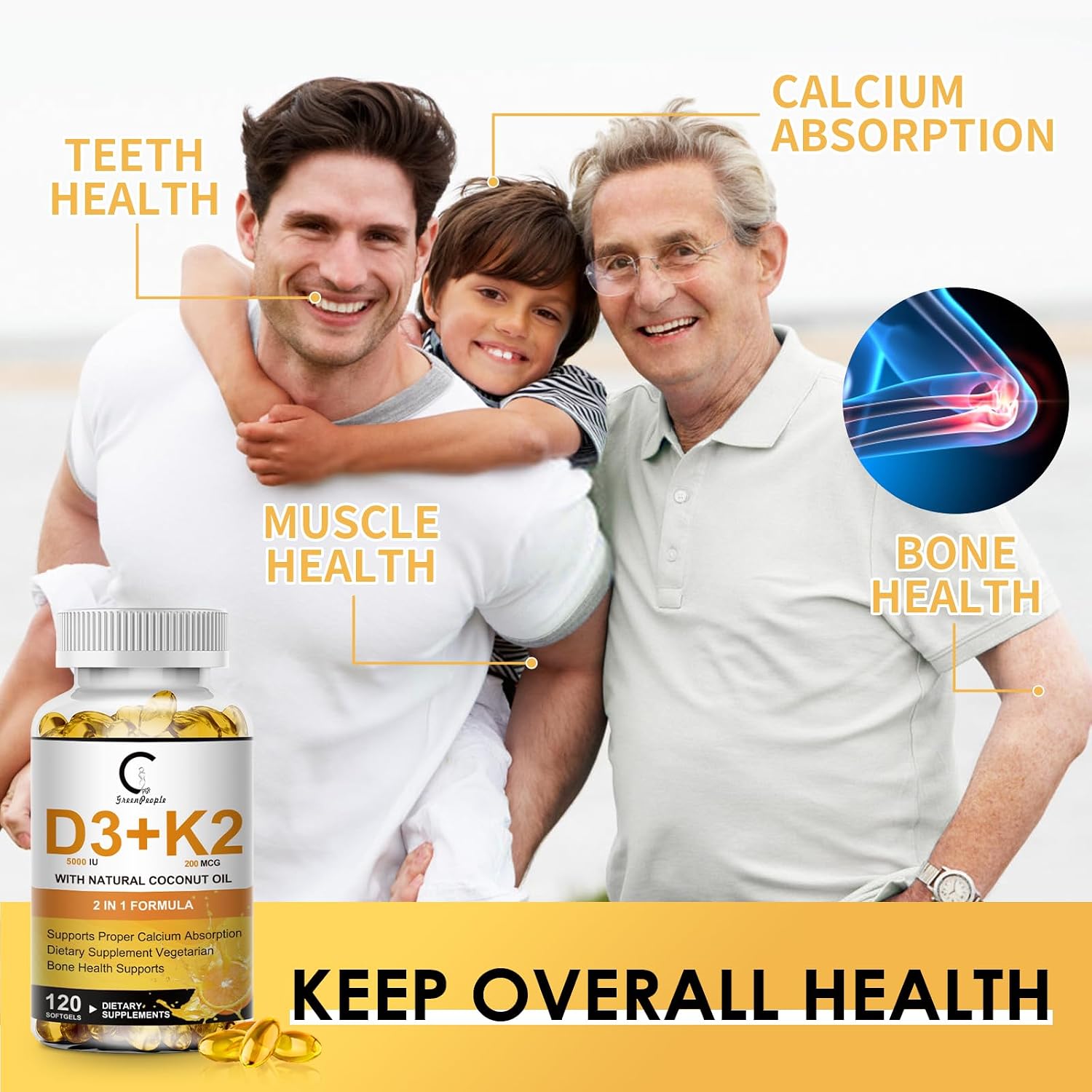Vitamina D3 + K2 MK-7 5000 UI / 200 mcg - 120 Cápsulas Blandas - GPGP GreenPeople