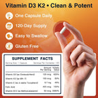DRFOSTER Vitamin D3 & K2, High-Potency 125mcg D3 & 100mcg K2 (MK7), Advanced Bone & Heart Support Formula with Vitamin E, Folic Acid & Methyl B12, 120 Capsules