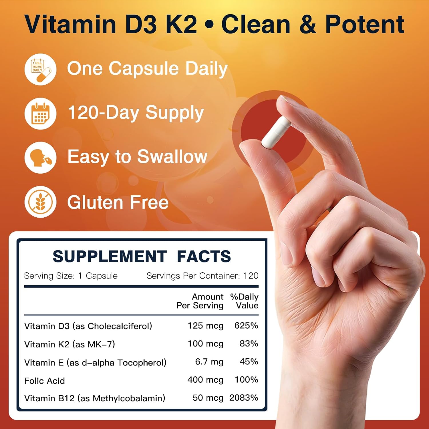 DRFOSTER Vitamin D3 & K2, High-Potency 125mcg D3 & 100mcg K2 (MK7), Advanced Bone & Heart Support Formula with Vitamin E, Folic Acid & Methyl B12, 120 Capsules