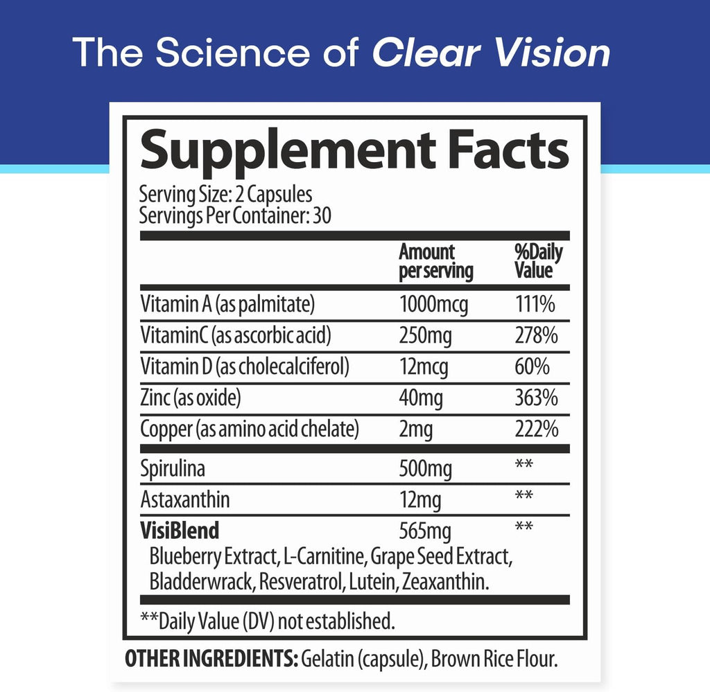 VisiUltra Suplemento para la salud ocular – 14 nutrientes esenciales para visión clara, protección contra luz azul y bienestar ocular. 60 cápsulas.