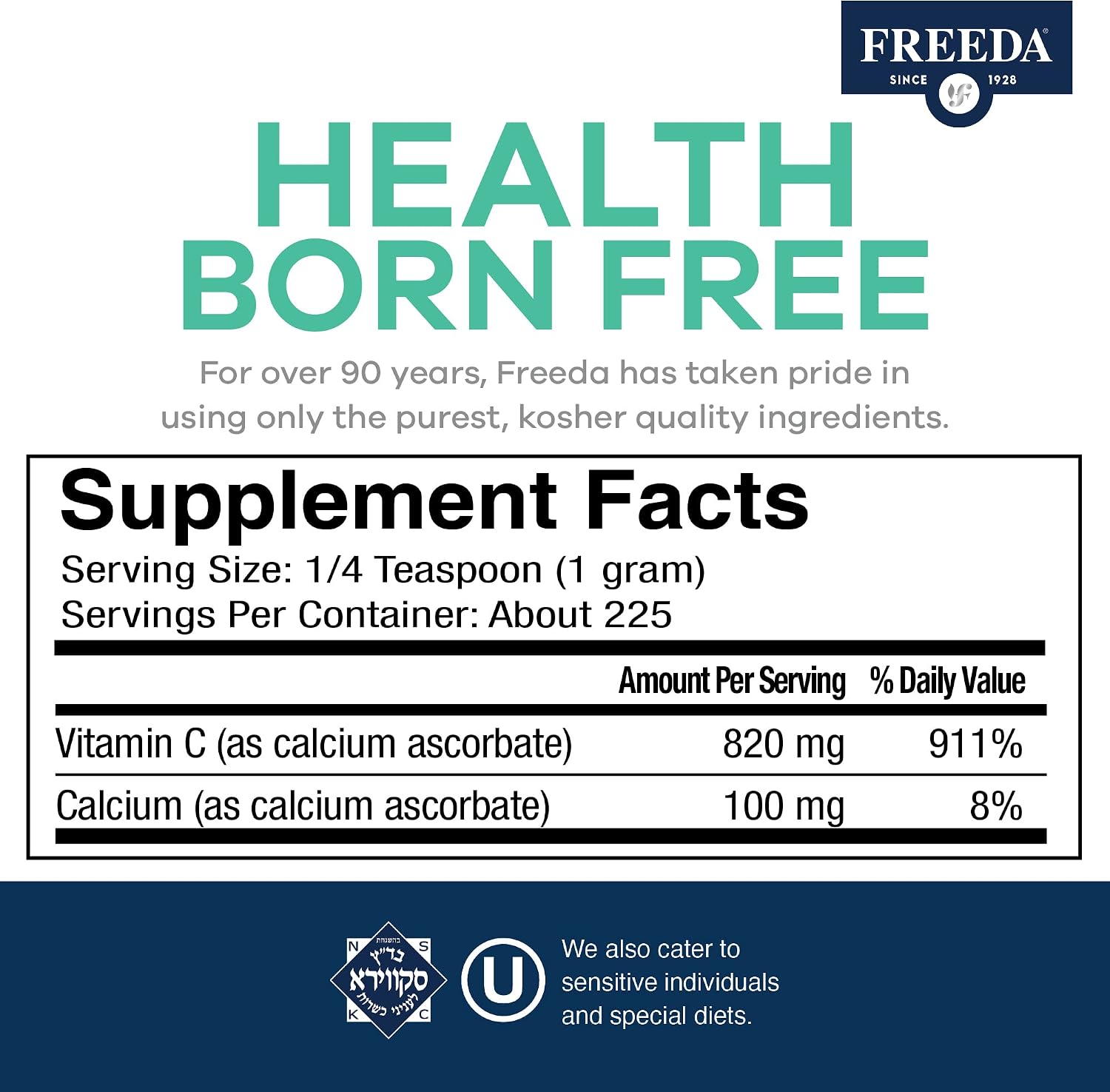 FREEDA Vitamina C Tamponada en Polvo – No Ácida, Vegana, Kosher, 227 g