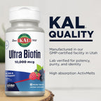 KAL Ultra Biotina 10000mcg - 60 Microtabletas de Biotina con Sabor Natural a Bayas