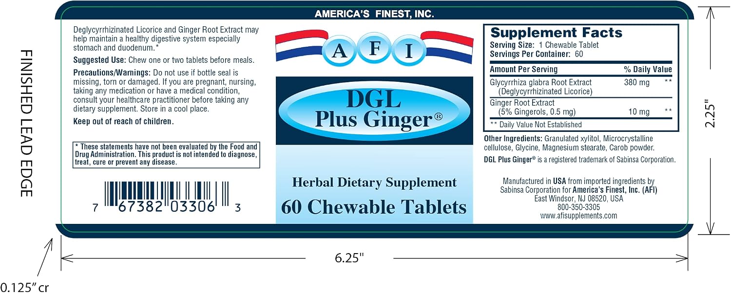 AFI DGL Plus Jengibre - 60 Comprimidos Masticables para la Salud Digestiva