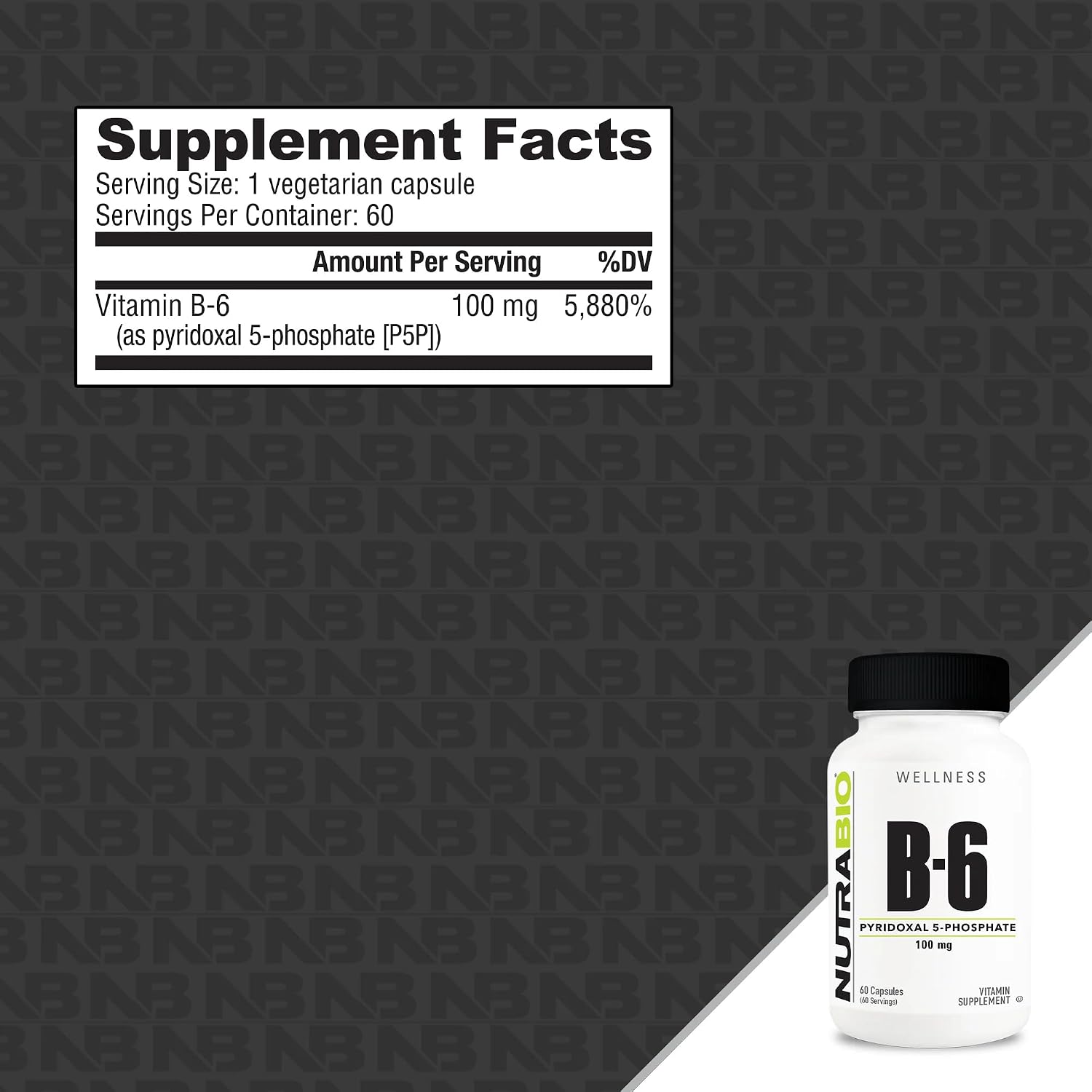 NutraBio Vitamina B6 P5P (Piridoxal 5-Fosfato) 100 mg por dosis - 60 cápsulas vegetales
