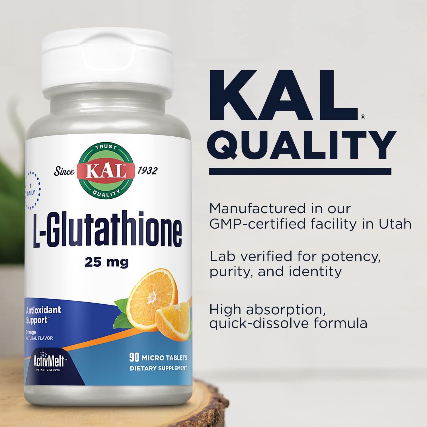 KAL Reduced Glutathione 90 ActivMelt Tablets, High Absorption Antioxidant, Orange Flavor, Vegetarian