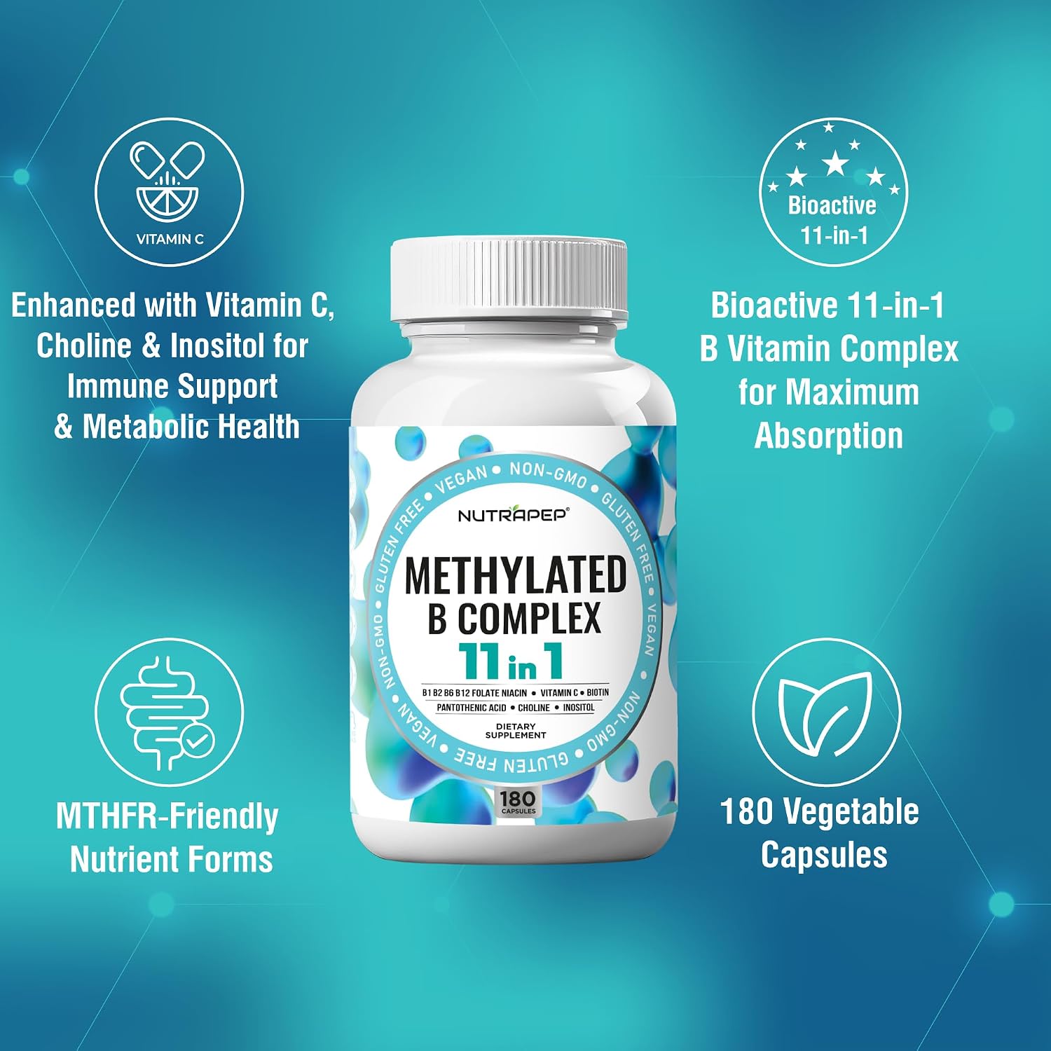 NutraPep Complejo B Metilado - Vitaminas B Completo con B9 5-MTHF B6 B12 - Apoyo Energía, Cerebro y Corazón - Vegano Sin Gluten Sin Azúcar - 180 Cápsulas