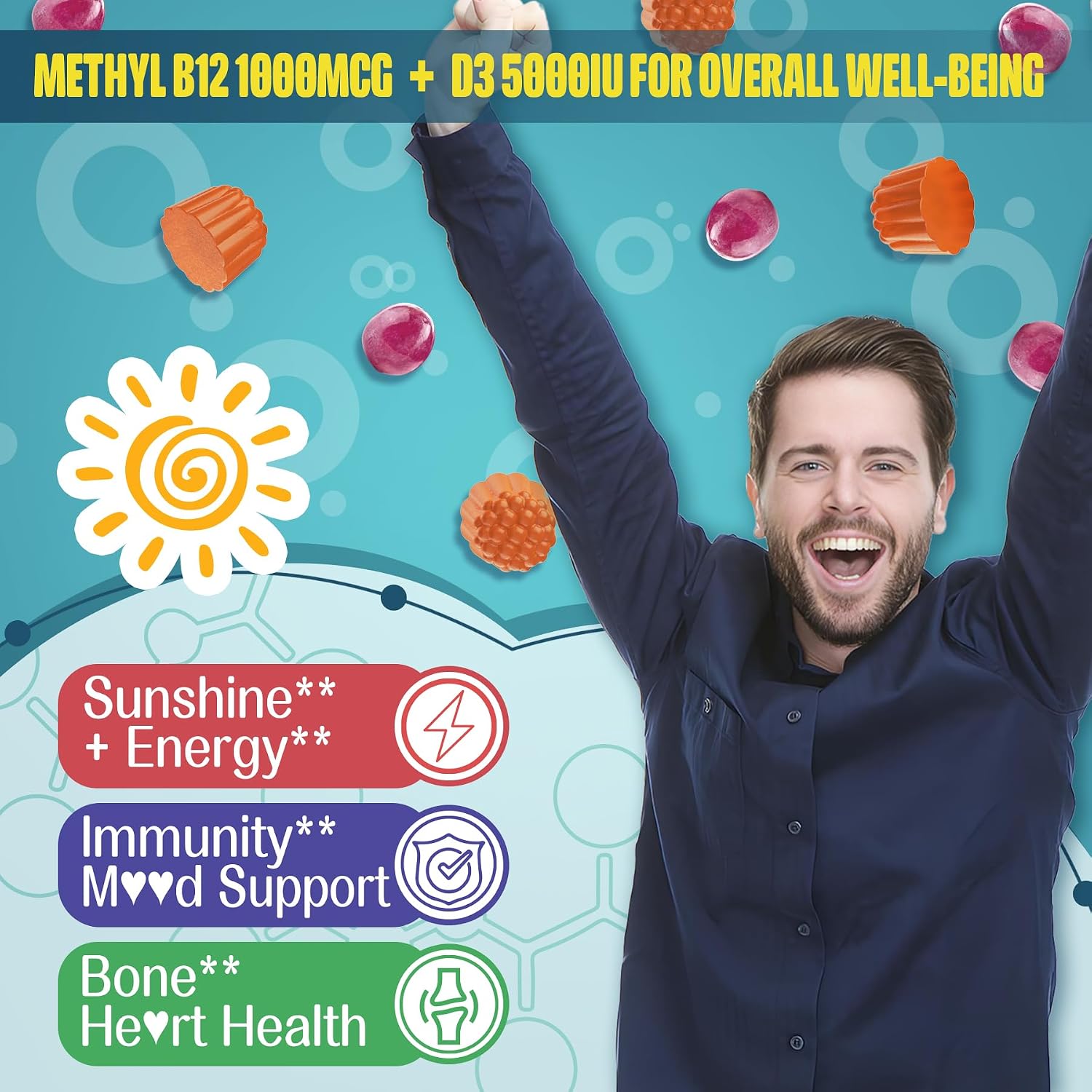 Gominolas Focus Memory & Energy - L-Tirosina + Metil B12 1000mcg, B6 50mg, D3, C, Melena de León, Ashwagandha - Complemento para la Memoria y Energía - 1 Pack