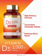 Carlyle Vitamina D3 Masticable 2000 UI (50 mcg) - 180 Comprimidos - Sabor Bayas - Vegetariano y Sin Gluten