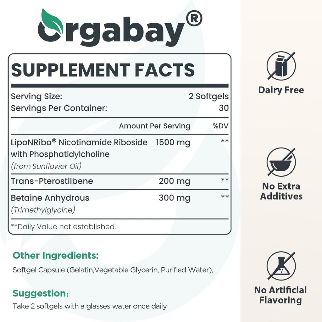Orgabay Liposomal Nicotinamide Riboside 2000 mg con TMG y Pterostilbeno, 60 Cápsulas Blandas
