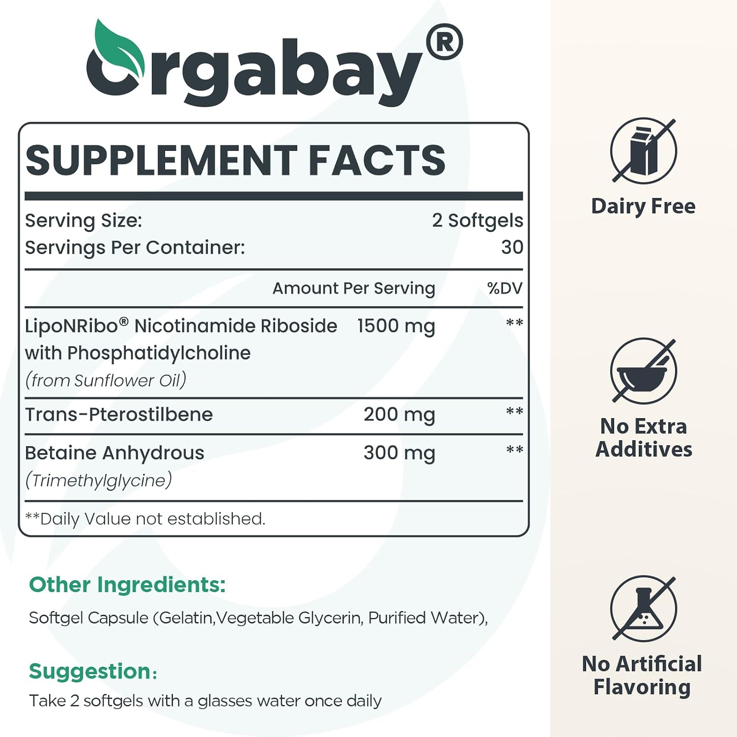 Orgabay Liposomal Nicotinamide Riboside 2000 mg con TMG y Pterostilbeno, 60 Cápsulas Blandas