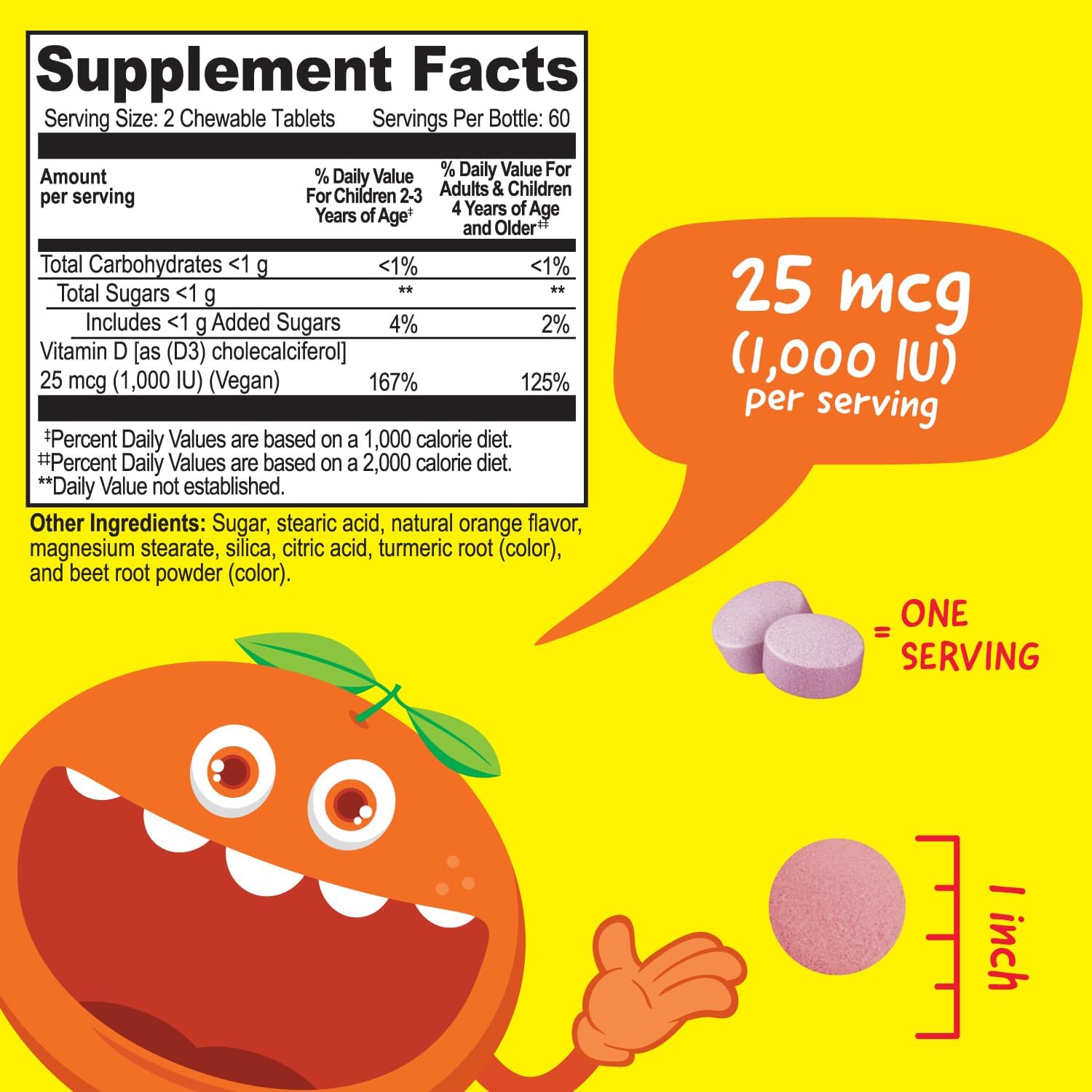 VitaWorks Vitamina D3 1000 IU Niños - Comprimidos Masticables Sabor Naranja Natural - Vegano, Sin Gluten, Sin OMG - 120 Unidades