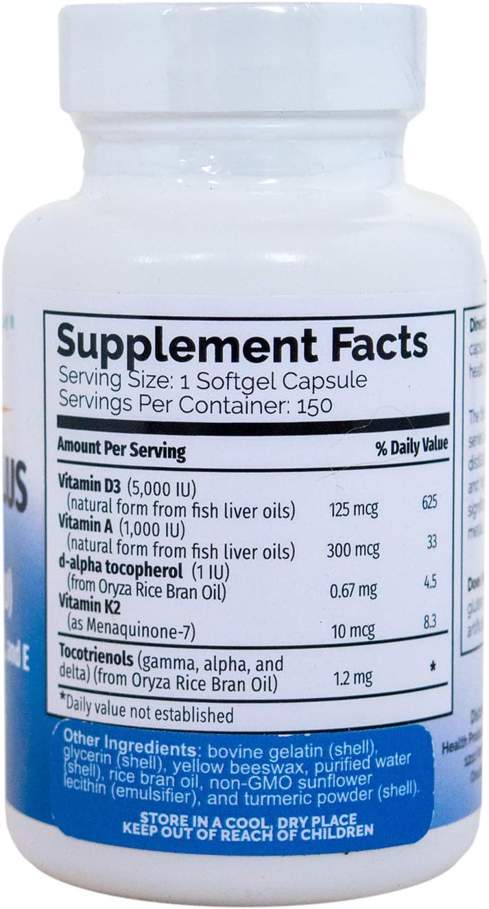 Vitamina D3 Plus - 125 mcg (5000 UI) Vitamina D3, Vitamina K2 (MK-7) y Vitamina A | Incluye Tocoferoles | 150 Cápsulas Blandas