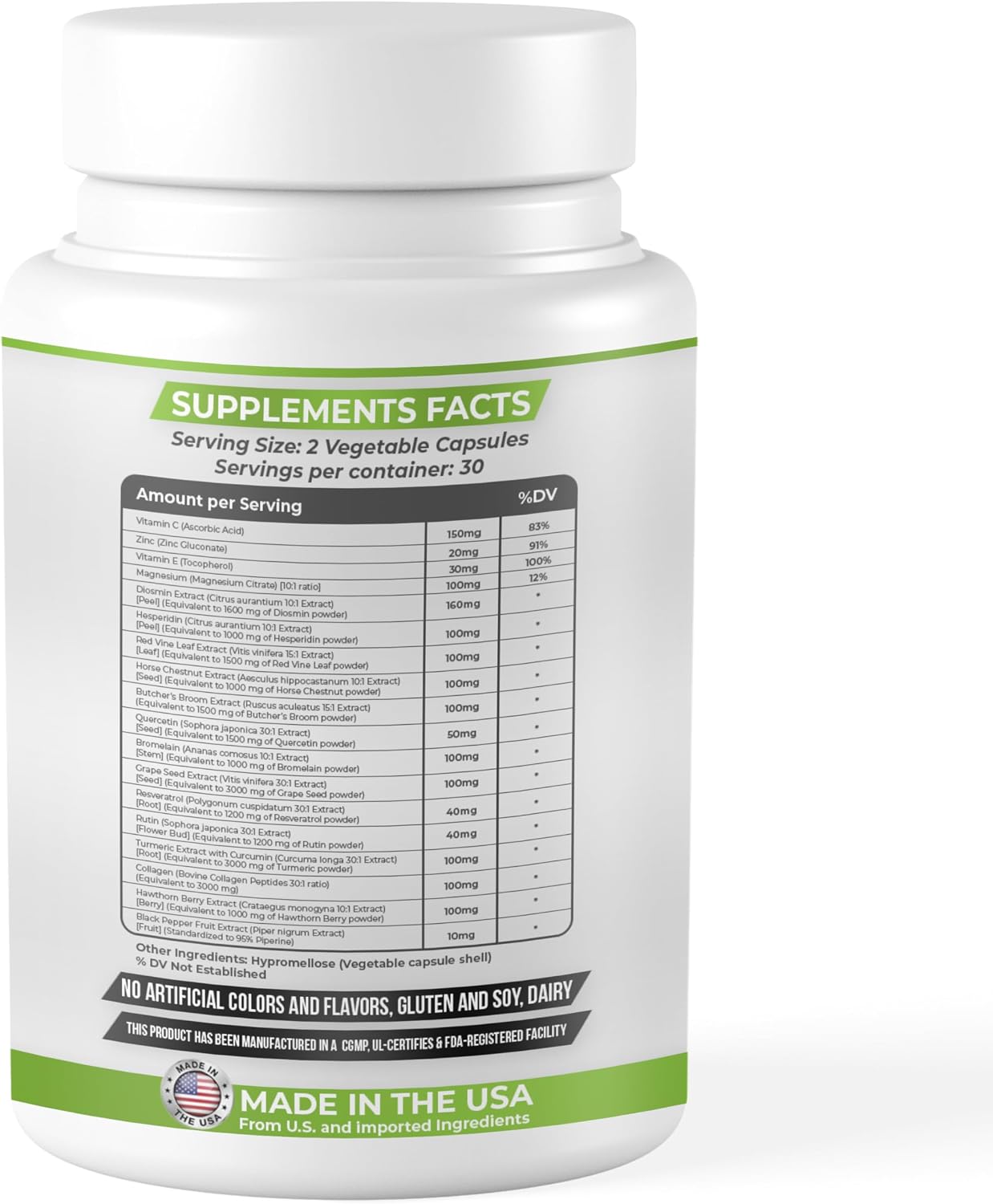 Dash of Vigor 18-en-1 Suplemento de Diosmina y Hesperidina con Quercetina, Bromelina, Zinc, Vitamina C, Rutina, Castaño de Indias y Escoba de Carnicero, 60 Cápsulas