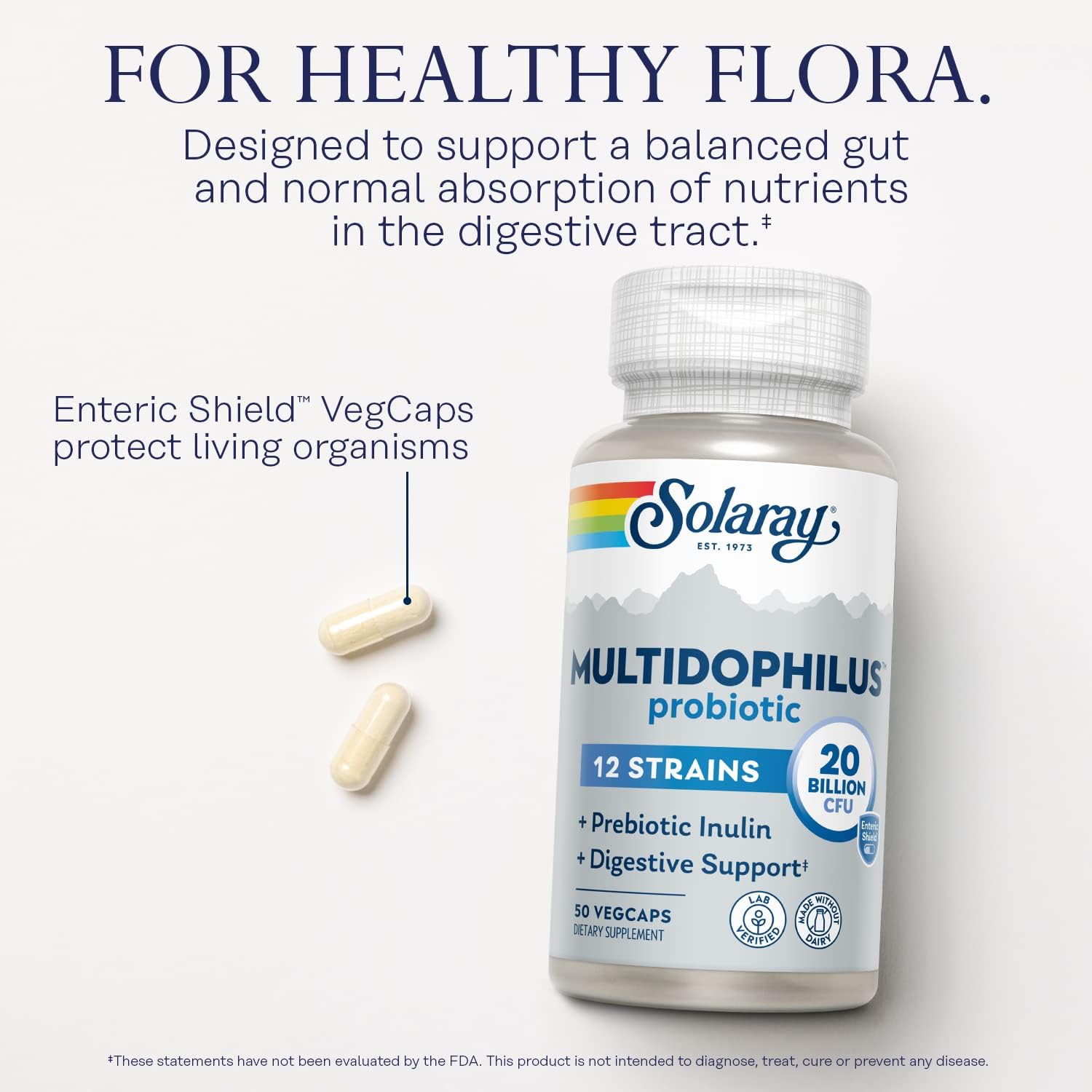SOLARAY Multidophilus Probiotic 12 Strains 20B CFU with Inulin – 50 Enteric Capsules