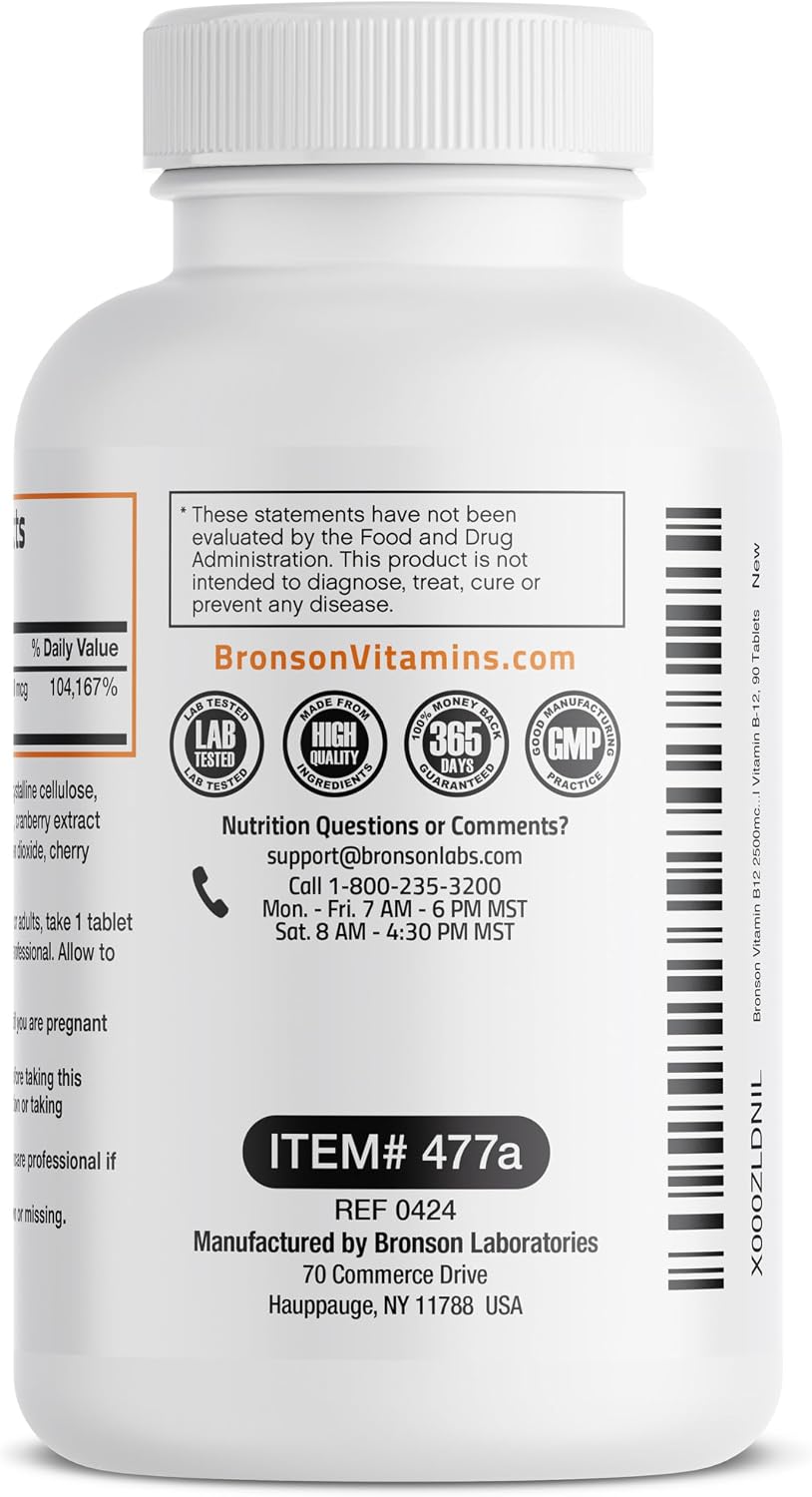 Bronson Vitamina B12 2500mcg, 90 Comprimidos Masticables Sabor Cereza - Sublingual de Rápida Absorción