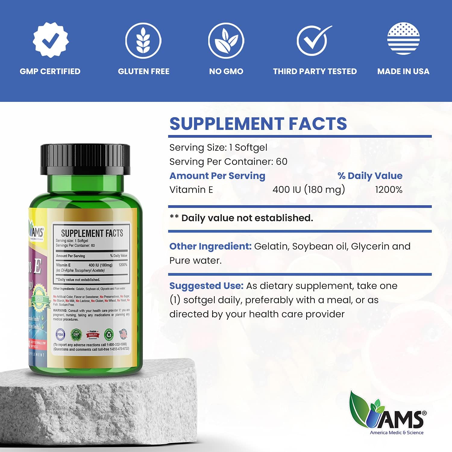 America Medic & Science Vitamina E 400 UI, 60 Cápsulas Blandas