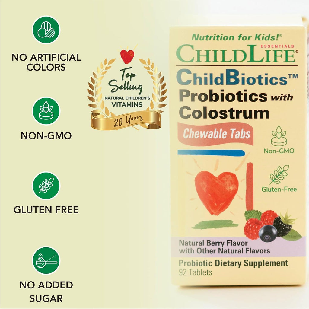 CHILDLIFE ESSENTIALS ChildBiotics con calostro - Probióticos masticables para niños, sabor natural a bayas, 92 comprimidos (Paquete de 2)