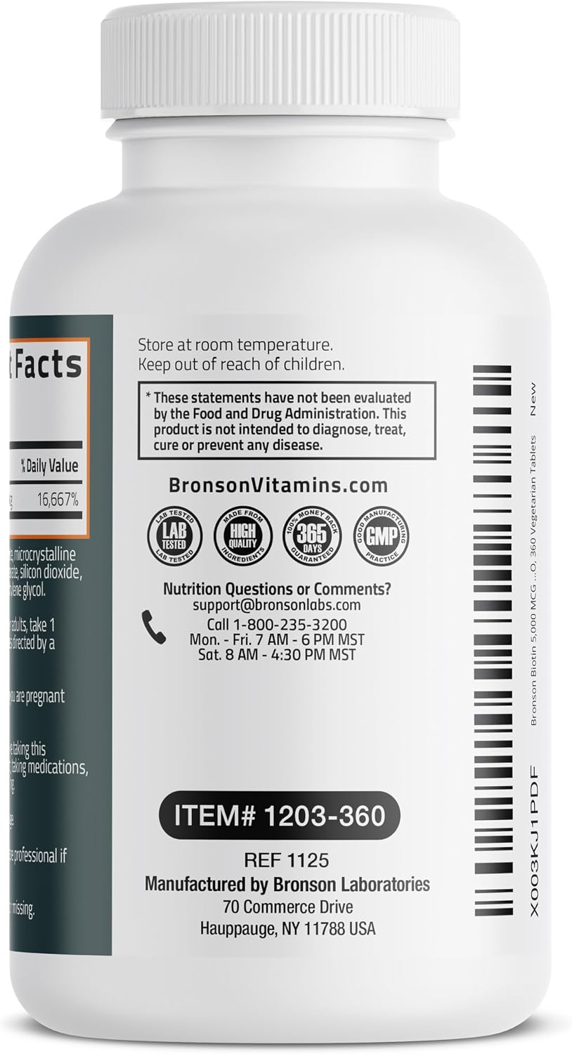 Bronson Biotina 5000 mcg - 360 Comprimidos Vegetarianos - Apoyo para Cabello, Piel y Uñas