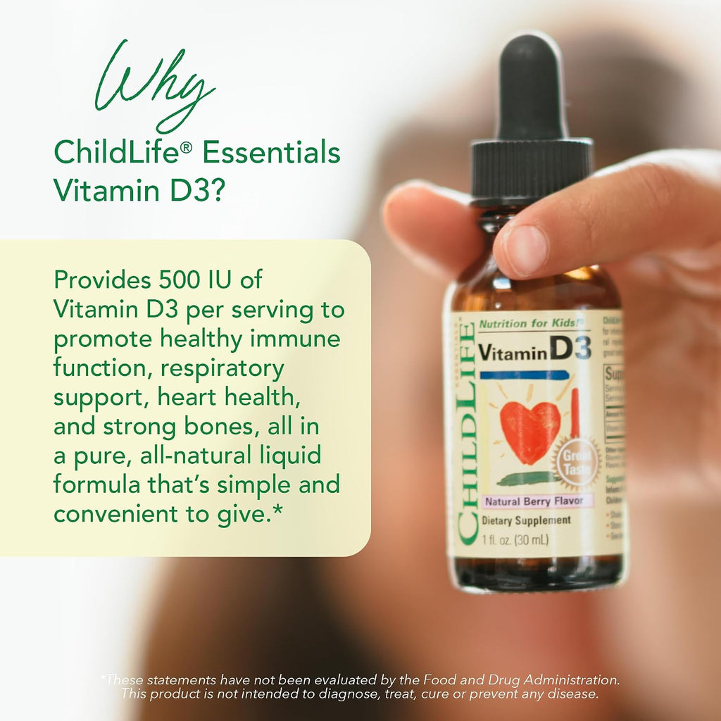 ChildLife Essentials Gotas de Vitamina D3 para Bebés - 500 IU, Sabor a Bayas, 2 Envases