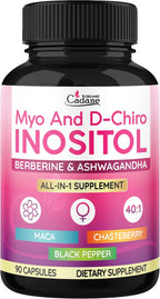 Organic Cadane Myo & D-Chiro Inositol Supplement con Ashwagandha, Maca, Chasteberry, Berberine y Black Pepper | 90 Cápsulas Veganas
