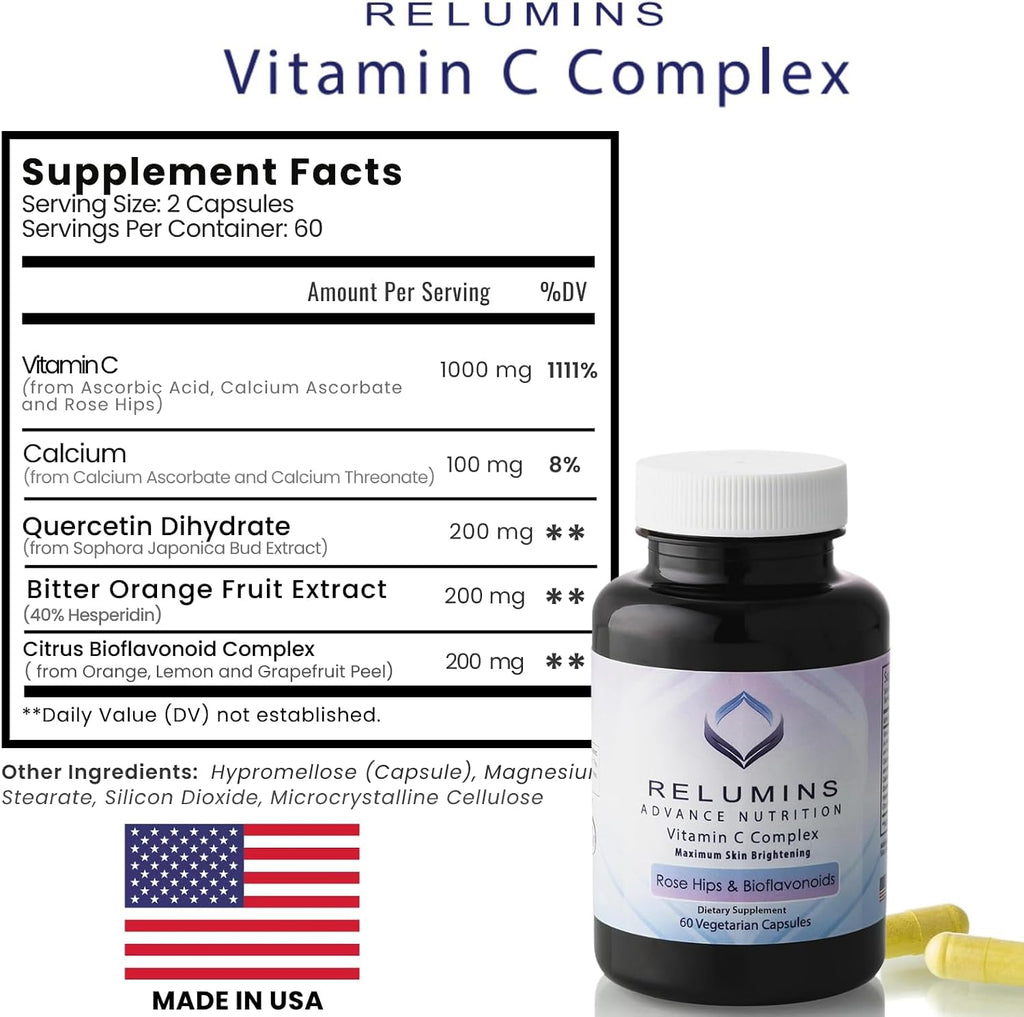 Relumins Advanced White Set - Complejo de Glutatión 1650 mg (90 Cápsulas) y Vitamina C Avanzada con Escaramujo y Bioflavonoides (60 Cápsulas), Pack de 1 Mes
