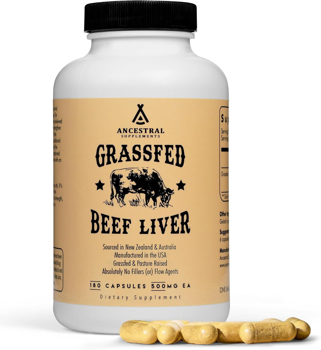 Ancestral Supplements Suplemento de Órganos de Res Alimentados con Pasto - Mezcla de Hígado, Corazón, Riñón, Páncreas, Bazo - Liofilizado - No GMO - 180 Cápsulas