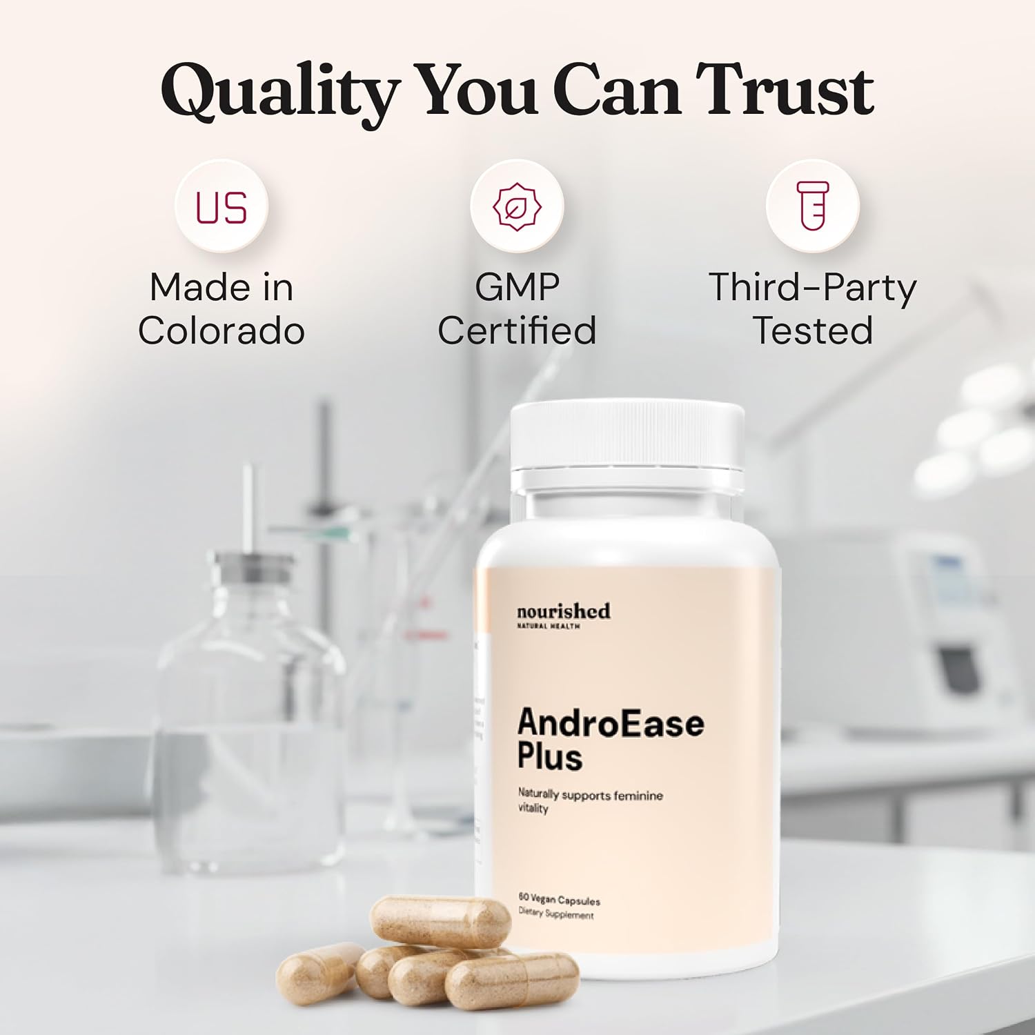 Nourished AndroEase Plus - Equilibrio Hormonal Vegano para Mujeres - Zinc, Reishi, Té Verde y Saw Palmetto - para Energía, Vitalidad y Bienestar Diario - 60 Cápsulas, Hecho en EE.UU.