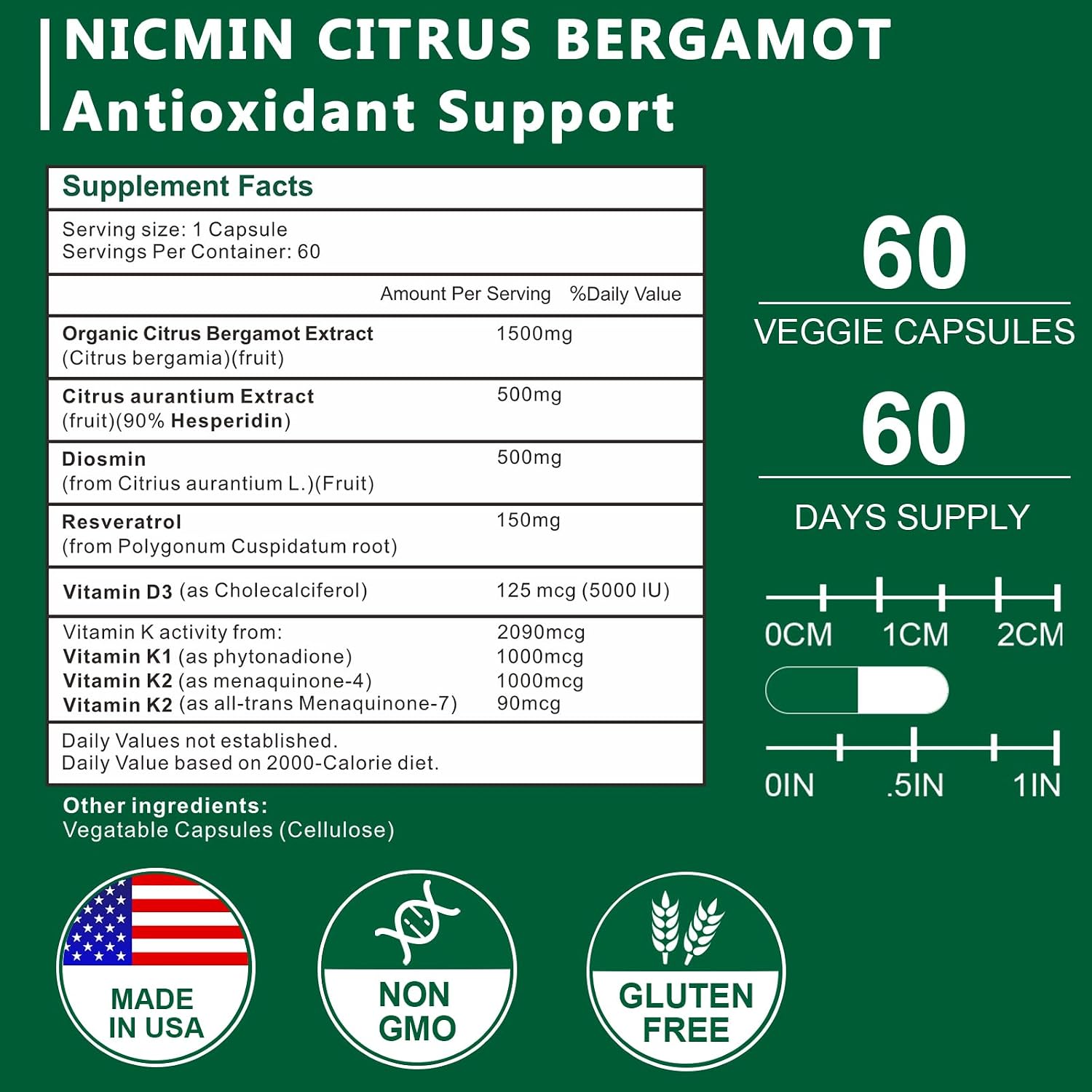 Citrus Bergamot 1500mg con Hesperidina, Diosmina, Resveratrol, Vitamina D3, K1 y K2 - 120 Cápsulas Veganas