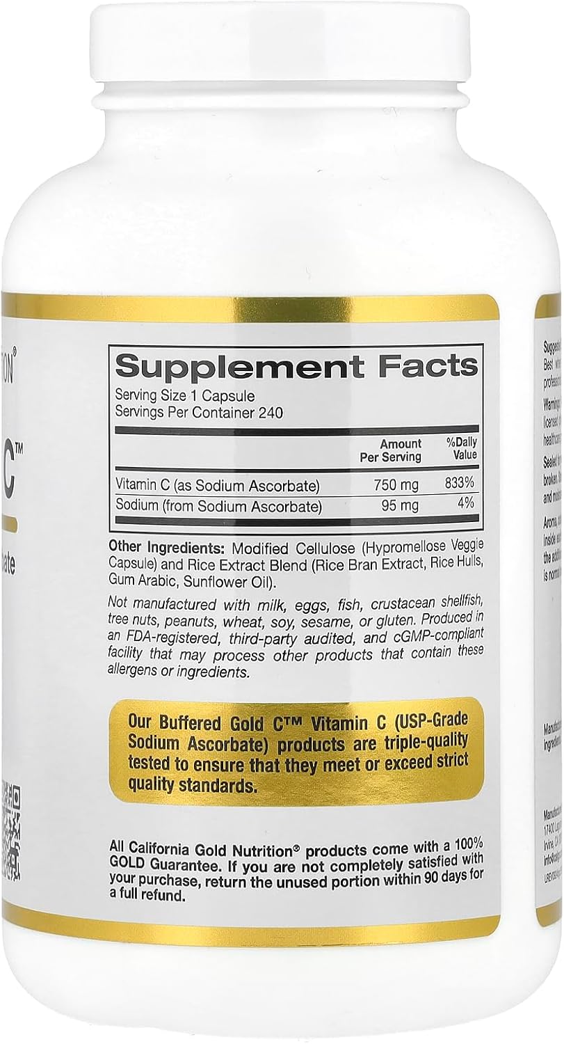 California Gold Nutrition Buffered Gold C – Vitamina C No Ácida 750 mg, 240 Cápsulas Vegetales