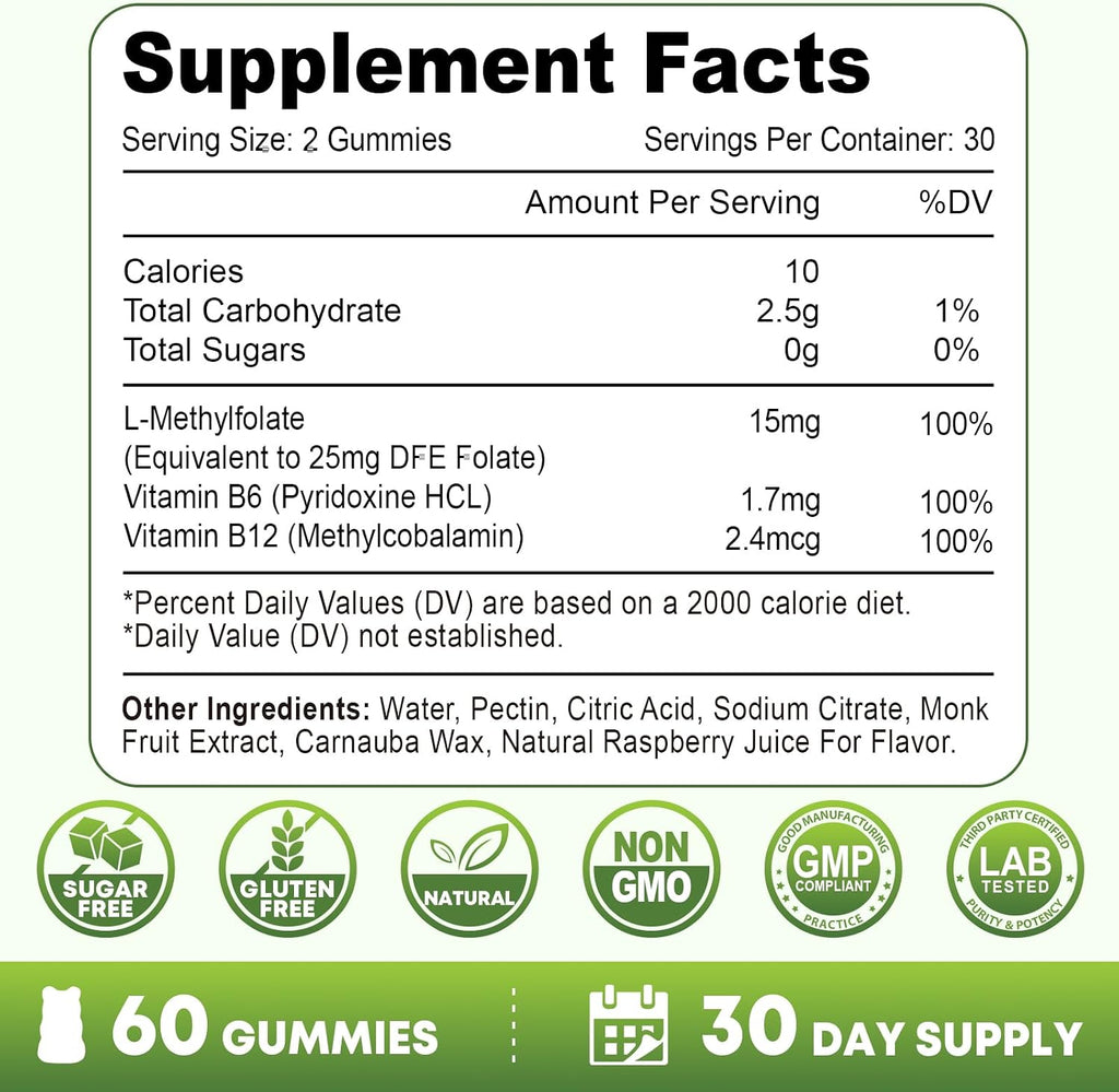L-Metilfolato 15 mg Gominolas con Metil B12, Complemento de Folato para el Estado de Ánimo, Salud Cerebral y Apoyo Inmunológico, Sabor a Frambuesa, 60 Unidades