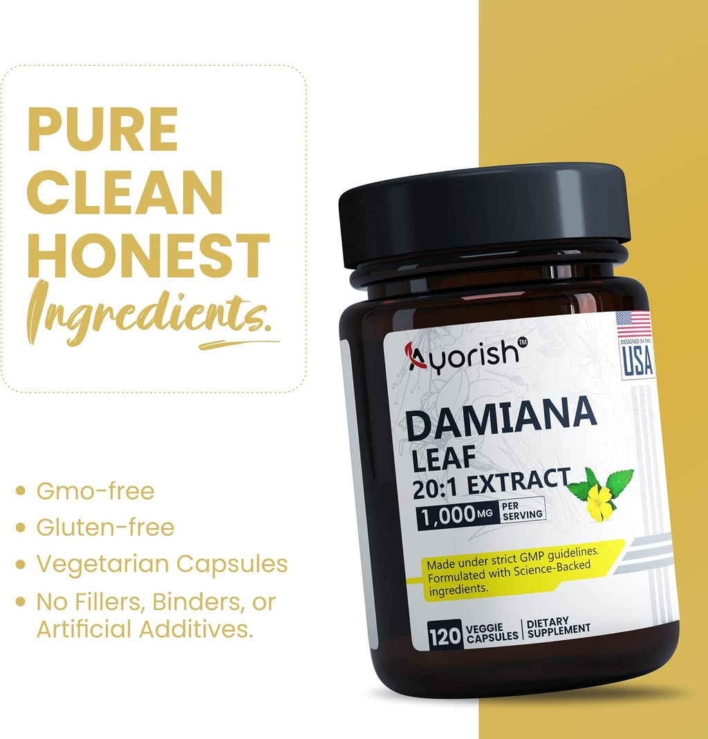 Damiana Capsules 1000mg 120 Count Damiana Leaf Extract 20:1 Herbal Supplement Plant Based Botanical Capsules Vegan Non GMO Dietary Supplement
