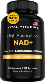 Vital Vitamins Suplemento NAD+ - NAD+ (Nicotinamida Adenina Dinucleótido) para Hombres y Mujeres - Con Administración Liposomal - Apoyo a la Vitalidad Celular, Energía, Concentración - 30 Días