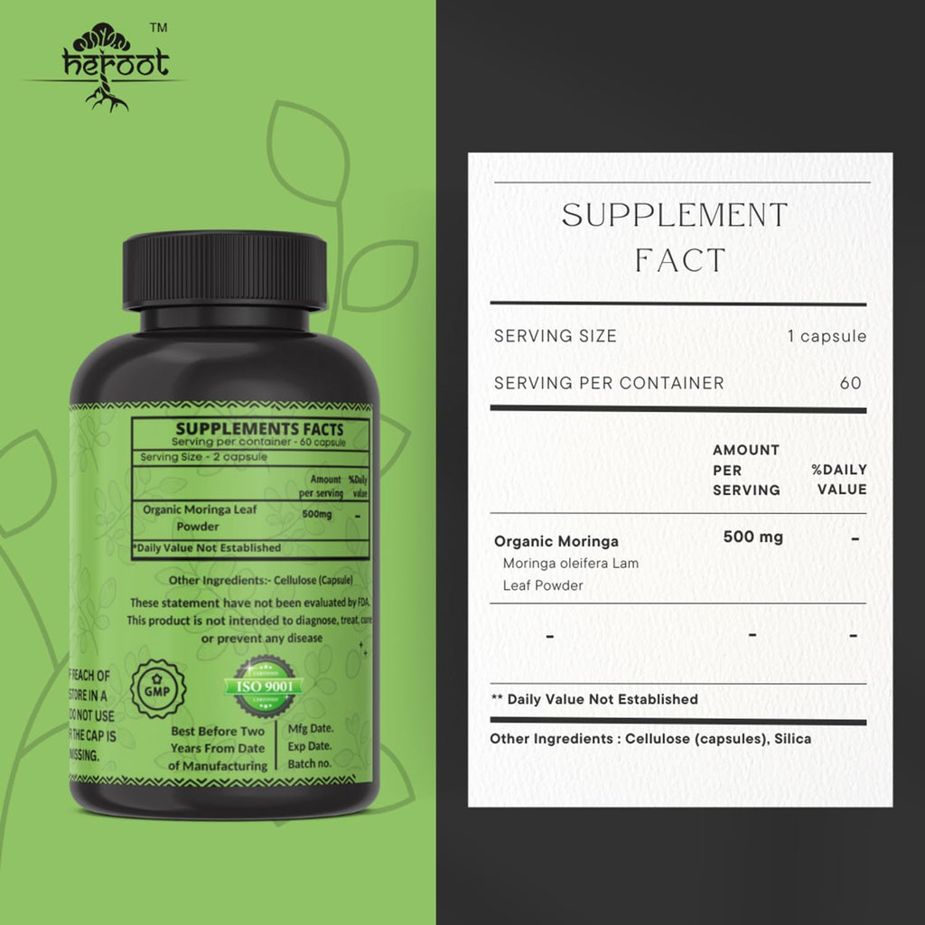 Cápsulas de Moringa Orgánica | Suplemento de Hojas de Moringa Verde para Energía, Metabolismo y Apoyo Inmunológico – 120 Cápsulas, Superalimento Natural