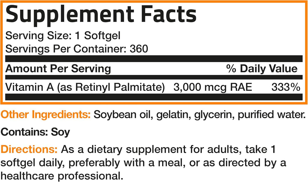 Bronson Vitamina A 10.000 UI - 360 Cápsulas Blandas - Fórmula No-GMO