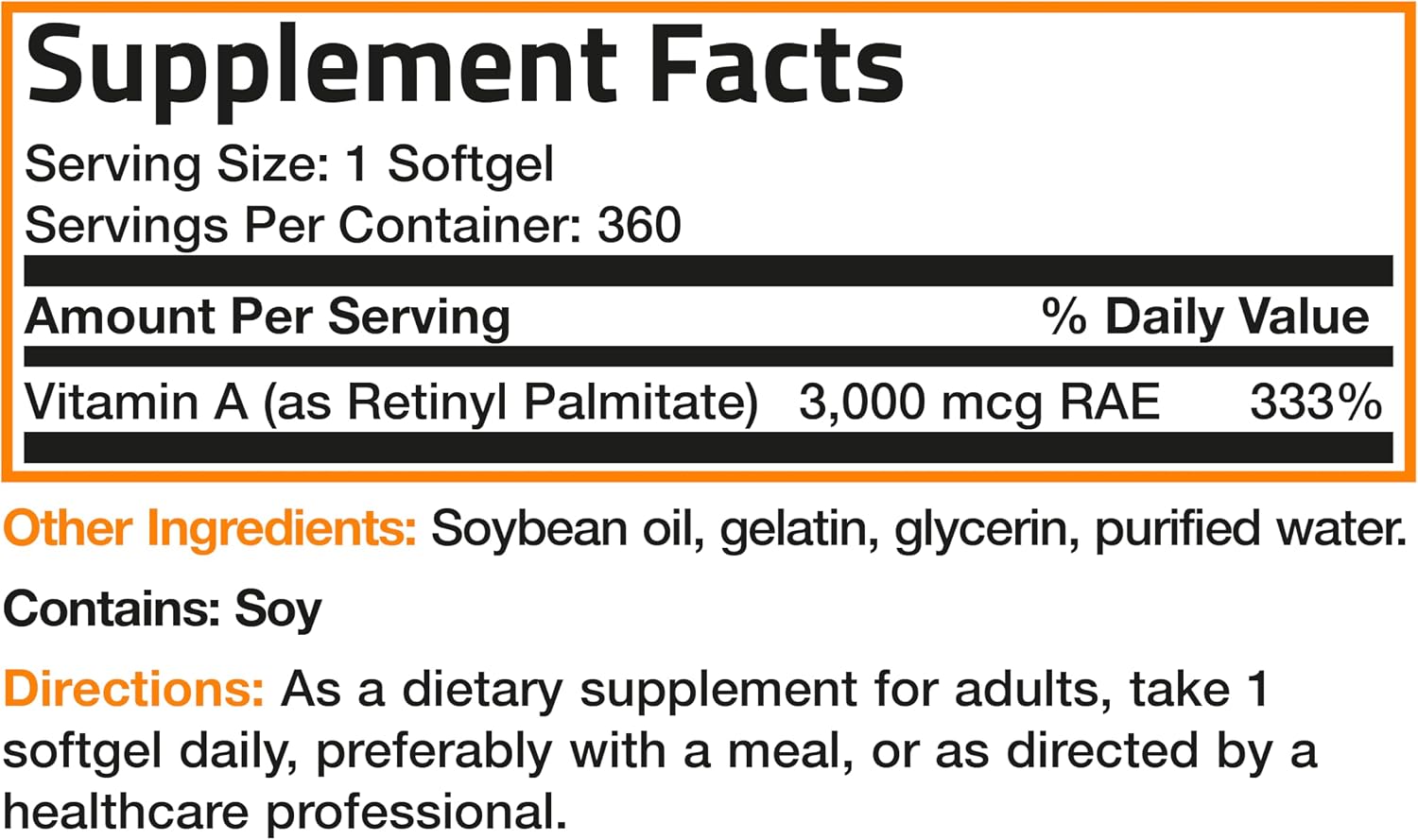 Bronson Vitamina A 10.000 UI - 360 Cápsulas Blandas - Fórmula No-GMO