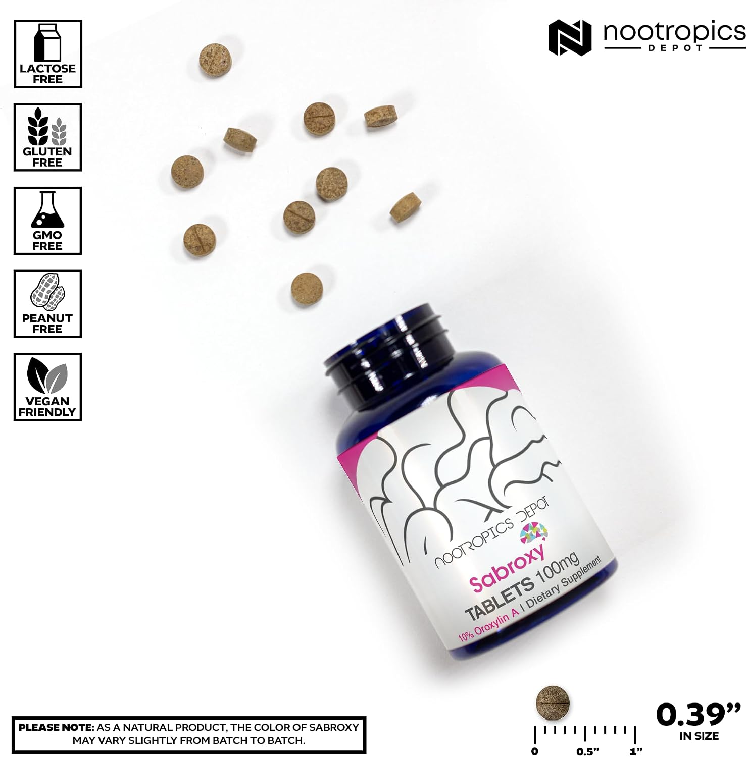Comprimidos Nootropics Depot Sabroxy® | 100 mg | 90 Unidades | Mínimo 10% de Oroxilina-A | Oroxylum indicum | Puede Ayudar a Promover la Concentración y la Motivación