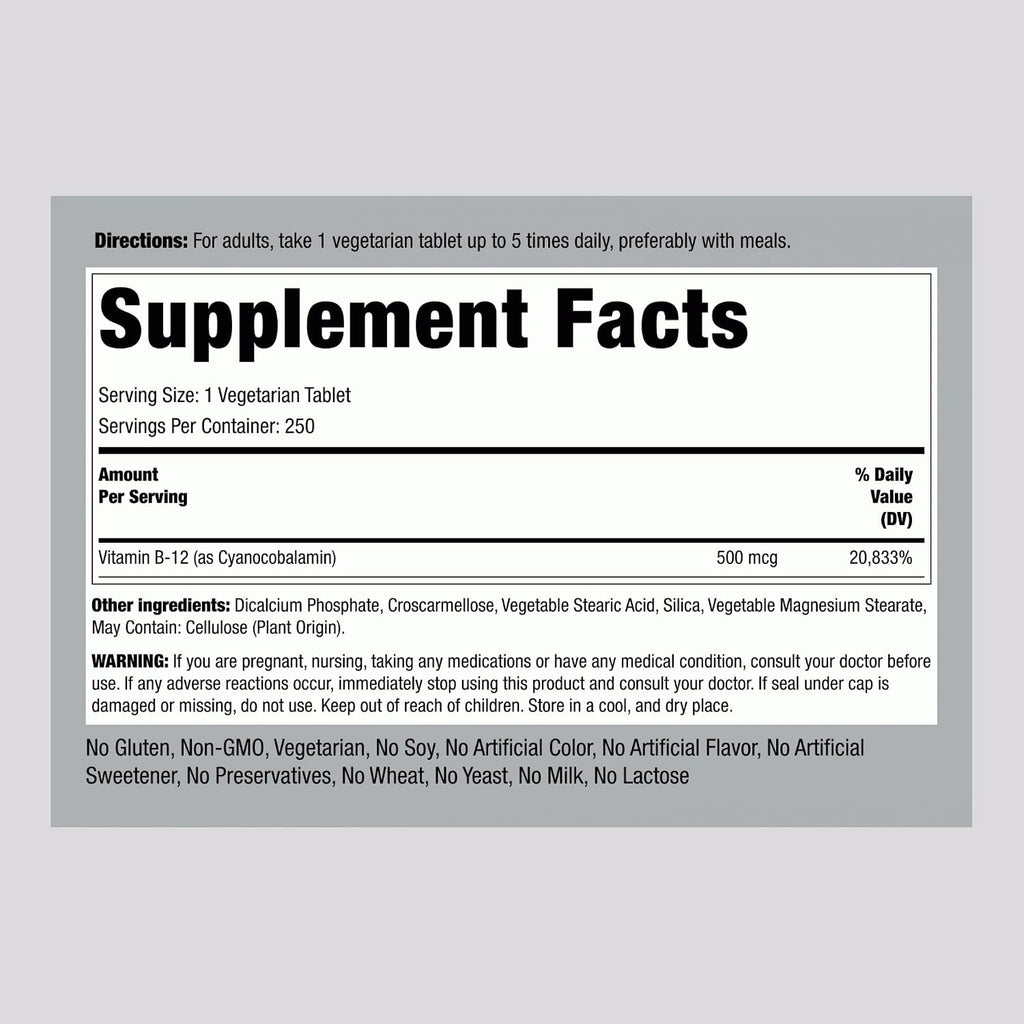 Piping Rock Vitamina B12 500 mcg | 250 Comprimidos | Cianocobalamina | Vegetariano, No GMO, Sin Gluten