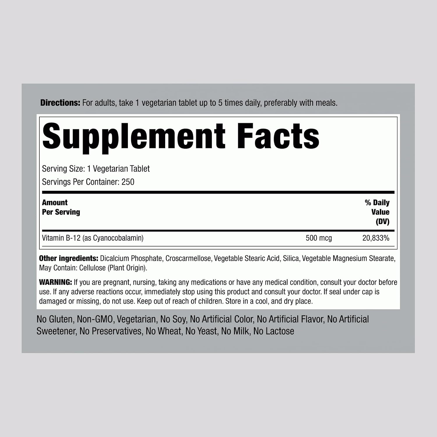 Piping Rock Vitamina B12 500 mcg | 250 Comprimidos | Cianocobalamina | Vegetariano, No GMO, Sin Gluten