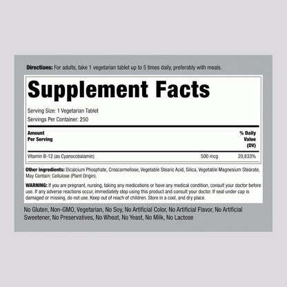 Piping Rock Vitamina B12 500 mcg | 250 – El funcionamiento normal del sistema inmunitario. – Image 2