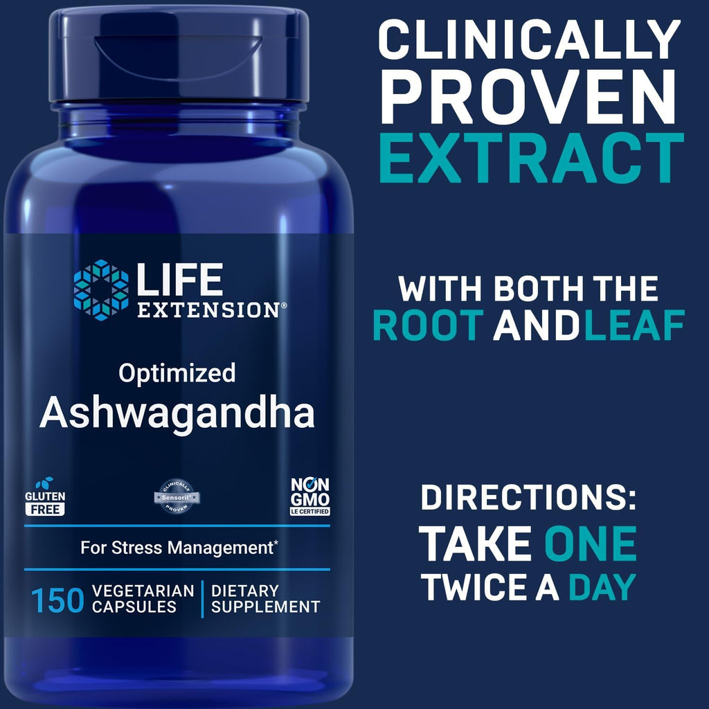 Life Extension Optimized Ashwagandha, 150 Cápsulas Vegetales (Pack de 2) - No OGM, Sin Gluten, Vegetariano