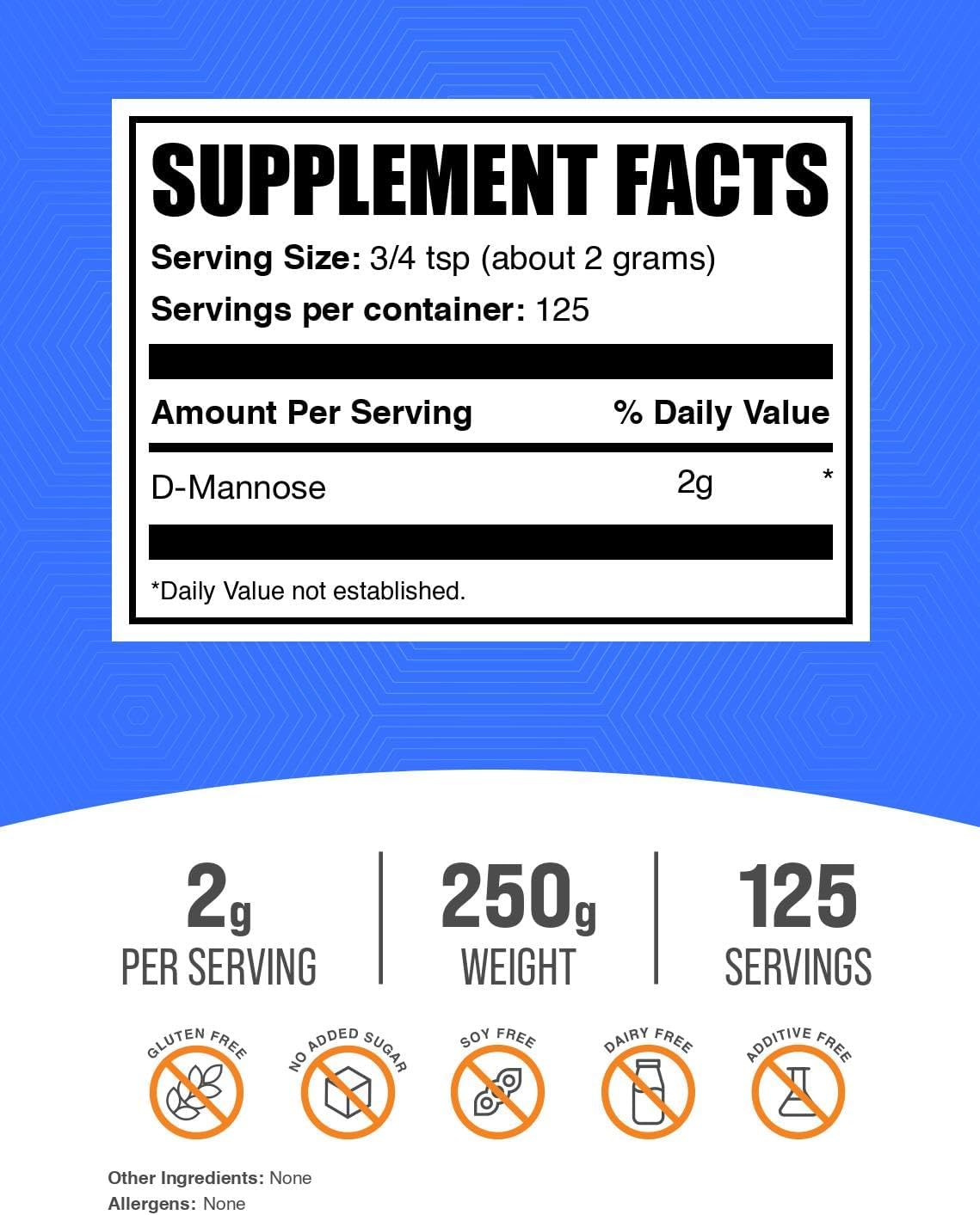 BulkSupplements.com D-Mannose en Polvo - 250g (8.8 oz) - Sin Sabor, Sin Gluten